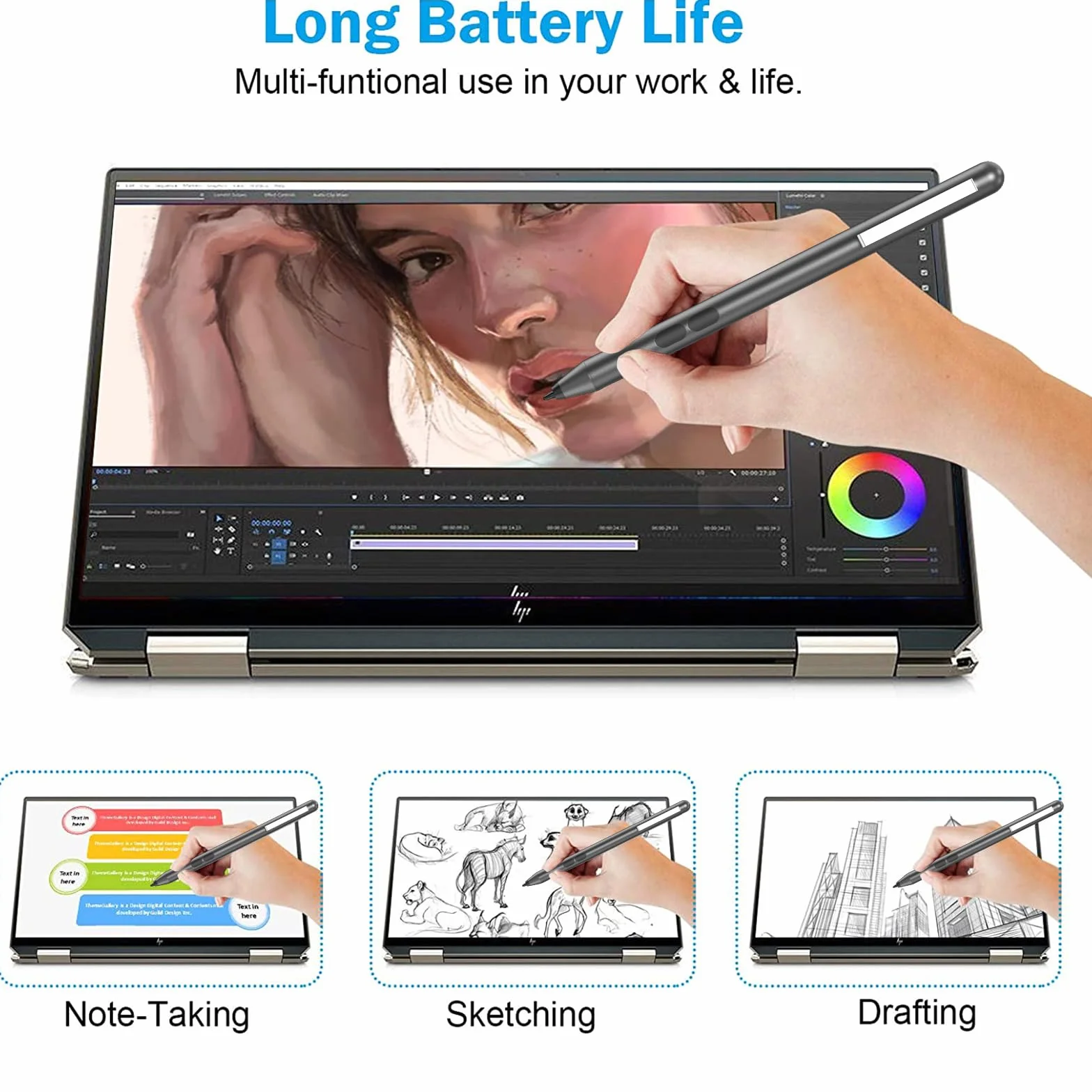 ANYQOO MPP Stylus Penna 1.51 con sensibilità alla pressione 1024, Palm Rejection, batteria AAAA, compatibile con Microsoft Surface e alcuni Asus, Dell, HP, 2 ricariche sostituibili