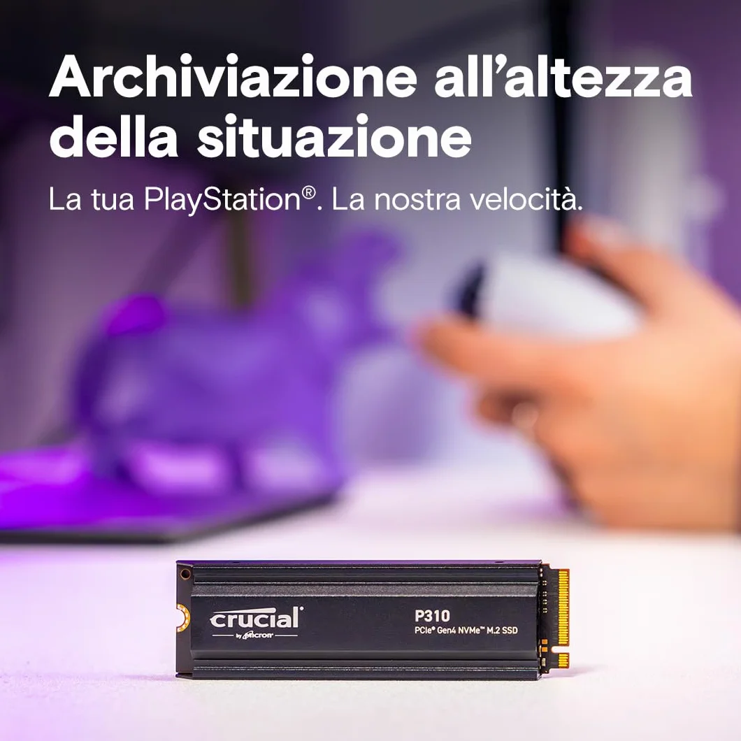 Crucial P310 PS5 SSD 2TB PCIe Gen4 NVMe M.2 con Dissipatore, fino a 7.100 MB/s, Compatibile con PlayStation 5, PC Desktop, Hard Disk Interno - CT2000P310SSD5-01