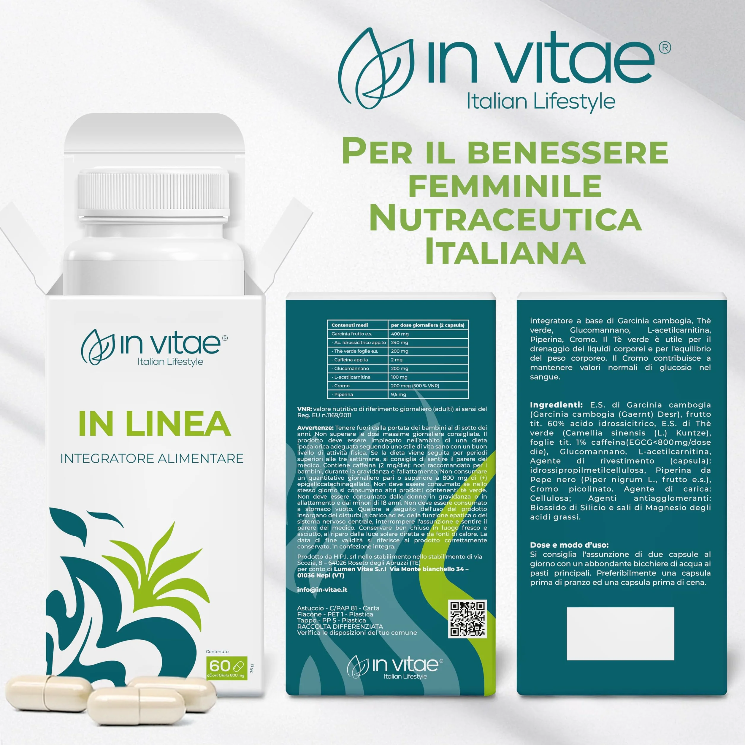 IN VITAE In Linea Integratore Senso di Sazietà e Metabolismo Garcinia Cambogia Tè Verde Glucomannano 60 Capsule Made in Italy