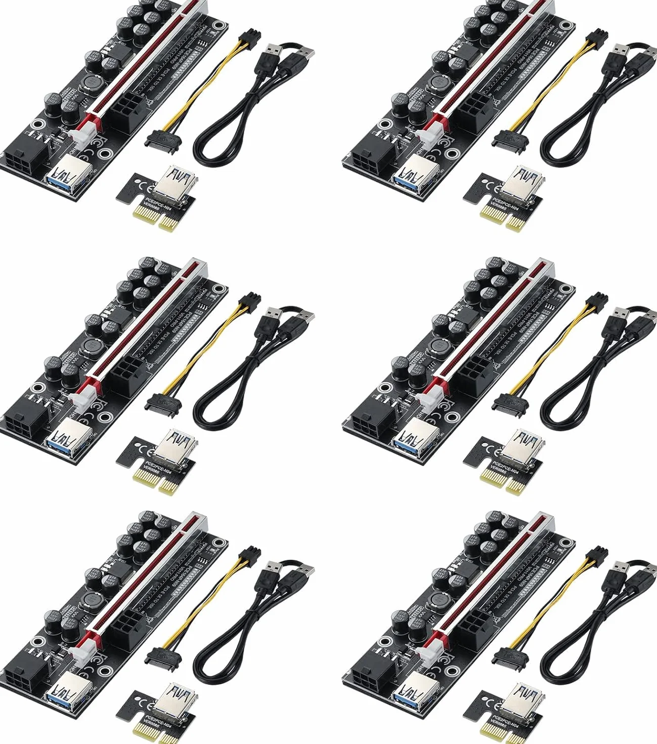 VER009S Scheda Riser PCIE da 1X a 16X per GPU, con cavo di estensione USB 3.0 da 0,6 m - Cavo di alimentazione SATA a 6 pin - Scheda adattatore GPU Extender per Bitcoin Ethereum Mining ETH (6 pezzi)