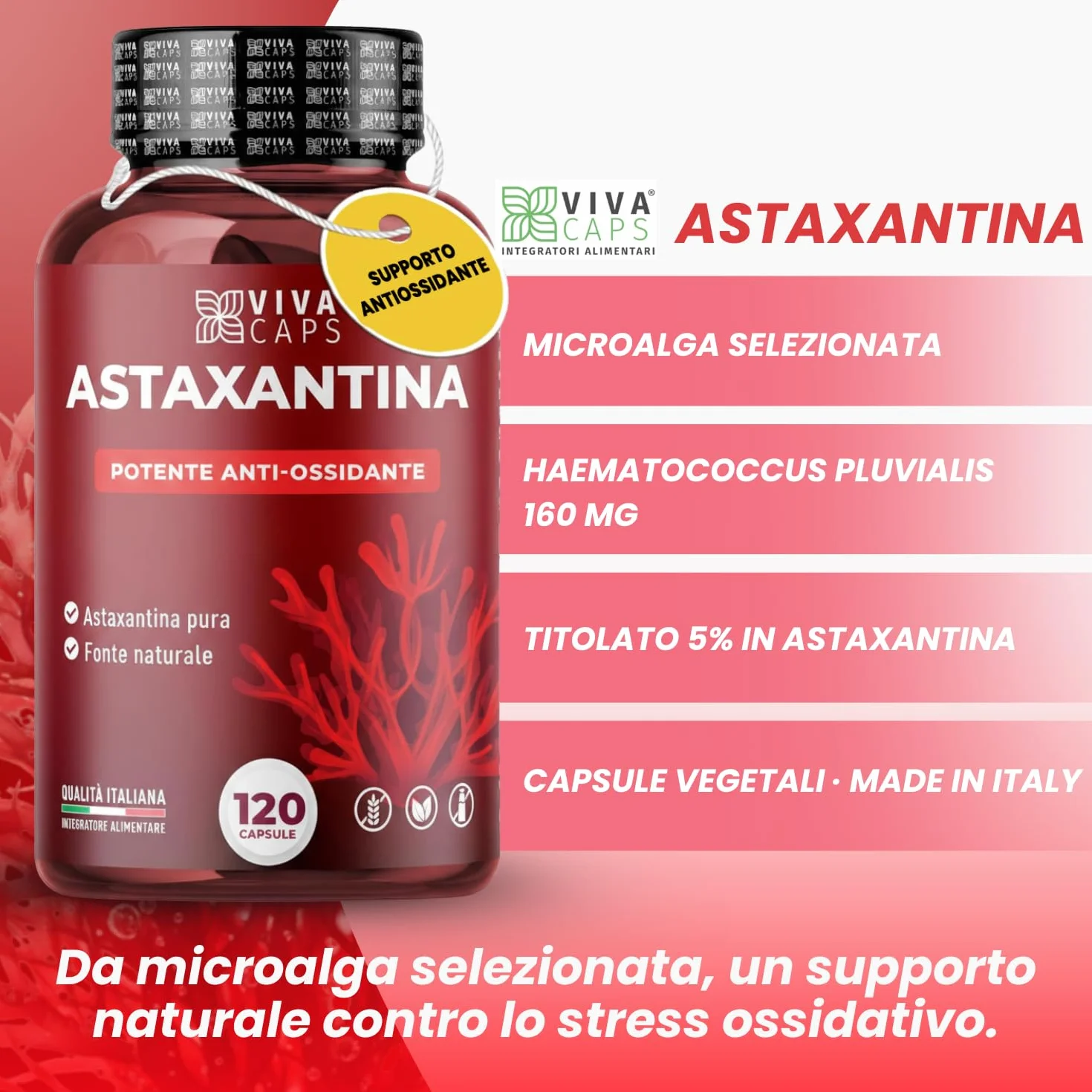 Astaxantina pura alto dosaggio 8mg 120cps supporto antiossidante Made in Italy