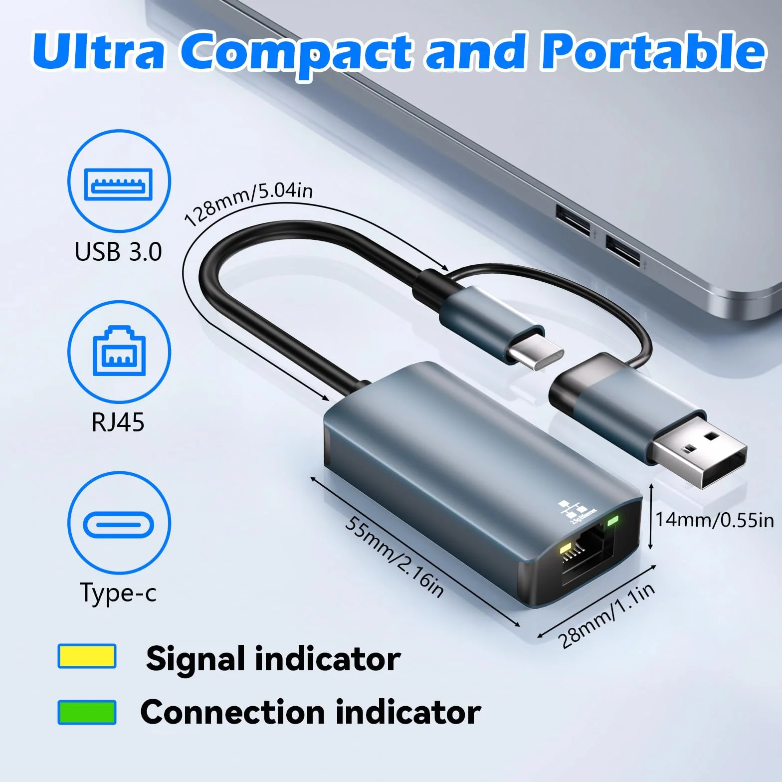 Adattatore USB Ethernet 2.5G，adattatore di rete 2 in 1 USB-C Ethernet 100/1000/2500 Mbps, 2500Mbps USB C Ethernet Adapter, Plug & Play,per Win 11/10/8/7, XP, Mac OS, Linux