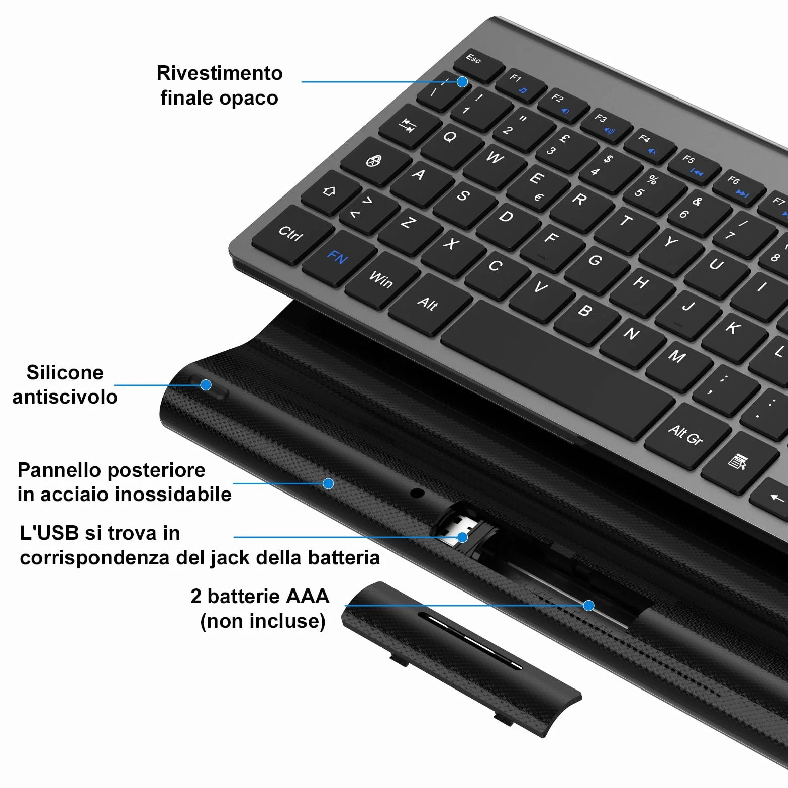 cimetech Tastiera wireless Layout Italiano QWERTY 2.4G USB con tastierino numerico tasti ergonomici grigio