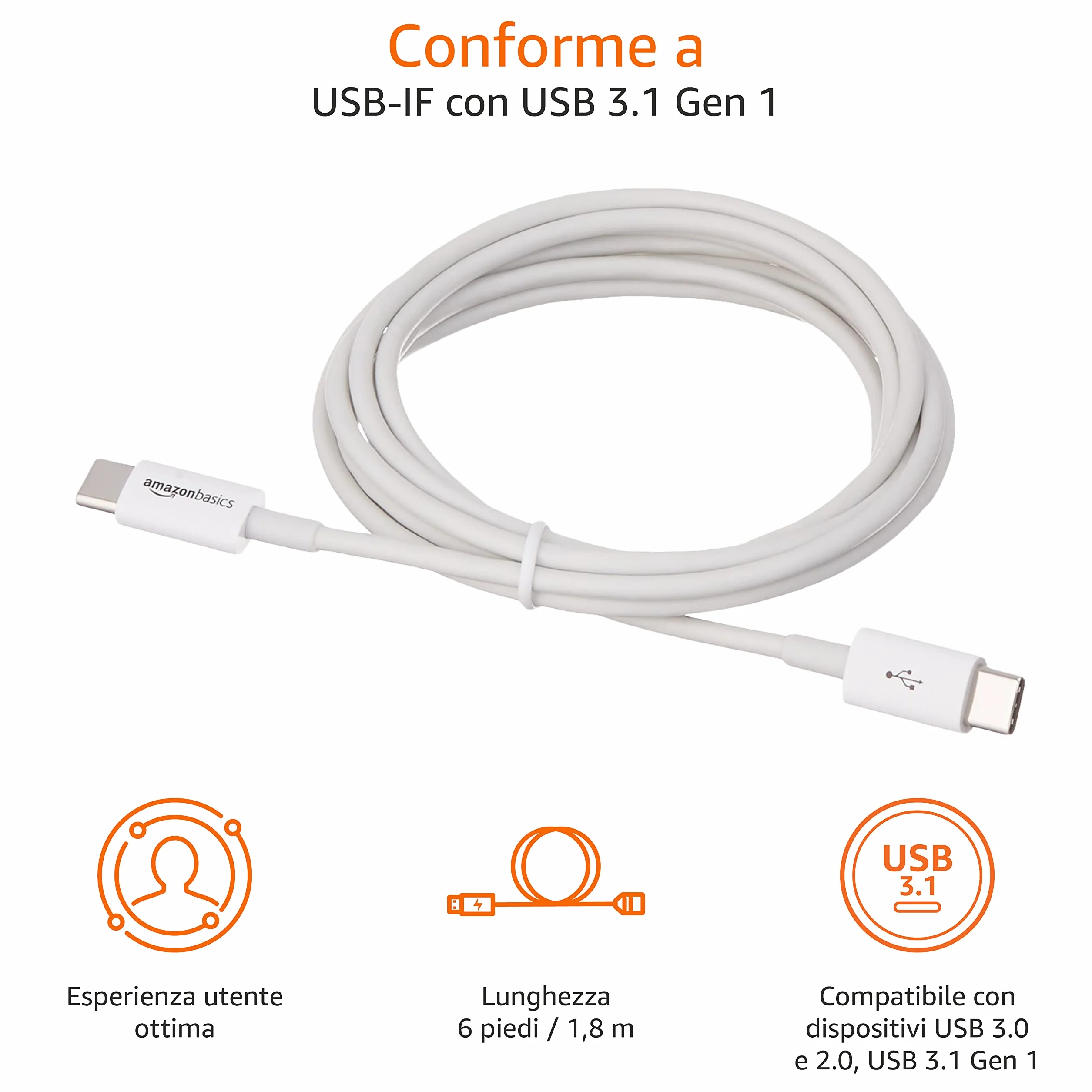 Amazon Basics Cavo di ricarica rapida USB-C a USB-C 480 Mbps certificato USB-IF 1.8 m bianco