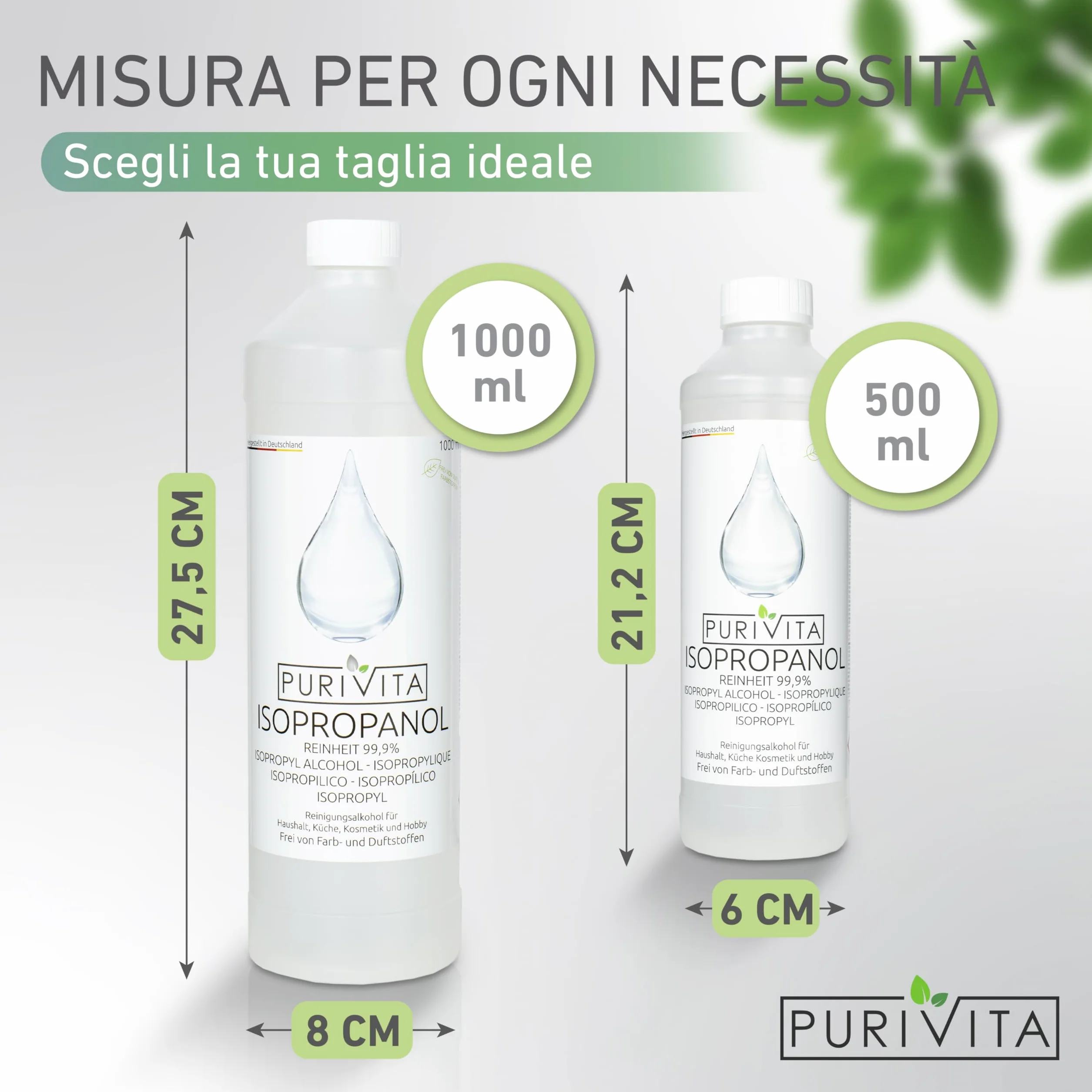 PURIVITA Alcool Isoproilico 99,9% 500ML Isopropyl Alcohol Disinfettante Detergente