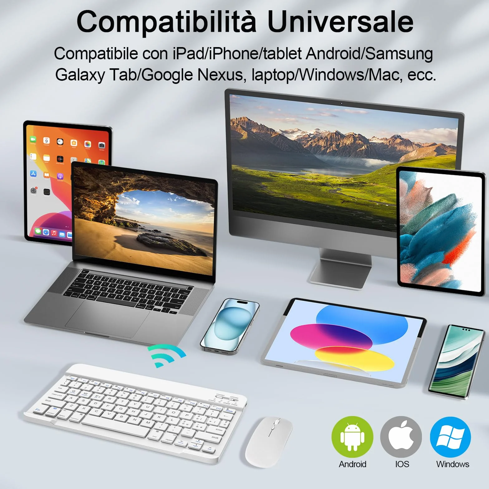 SOPPY Tastiera e Mouse Bluetooth Portatili, Universale Ricaricabile per Tablet, Wireless per iPad/Samsung Tab/Lenovo Tab/iOS/Android/Windows, Layout Italiano (Bianco)