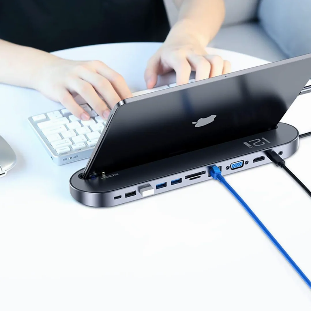 HUB USB Docking Station Splitter Multi-Function HUB Laptop Stand Base 12 in 1 USB 3-C/Type-C + 2 USB 2.0 + 2 USB 3.0 + Porta RJ45 Ethernet Gigabit + VGA + HDMI con TF Card SD/Slot & 3.5mm Jack DAT