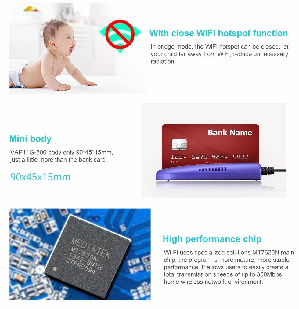 Vonets VAP11G-300 2.4GHz 300Mbps Punto di Accesso WiFi, Mini Bridge Wireless, Adattatore LAN, Hotspot Signal Booster Extender, WiFi a LAN