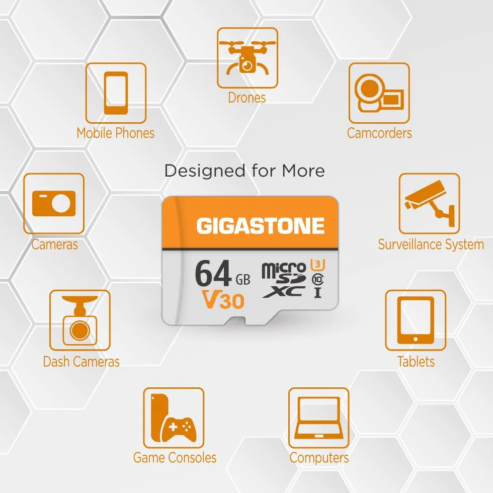 GIGASTONE V30 - Scheda di memoria Micro SD da 64 GB, registrazione video 4K, sorveglianza, telecamera di sicurezza, dash cam, drone, scheda di memoria microSDXC da 95 MB/s UHS-I classe 10, con