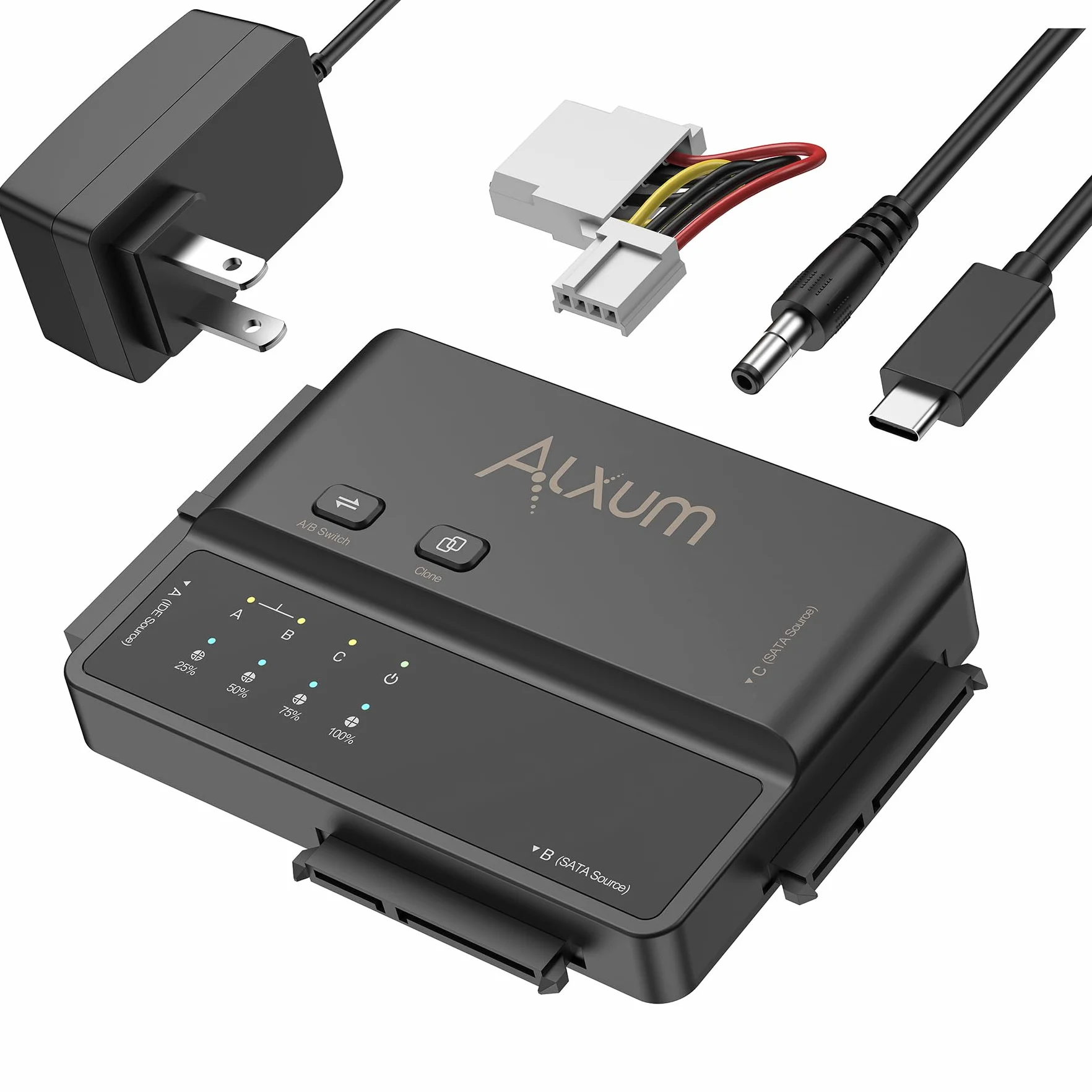 Alxum Adattatore SATA/IDE con clone offline, convertitore disco esterno Type-C 5Gbps per SSD SATA 2.5/3.5 e IDE 3.5, con alimentatore 12V2A