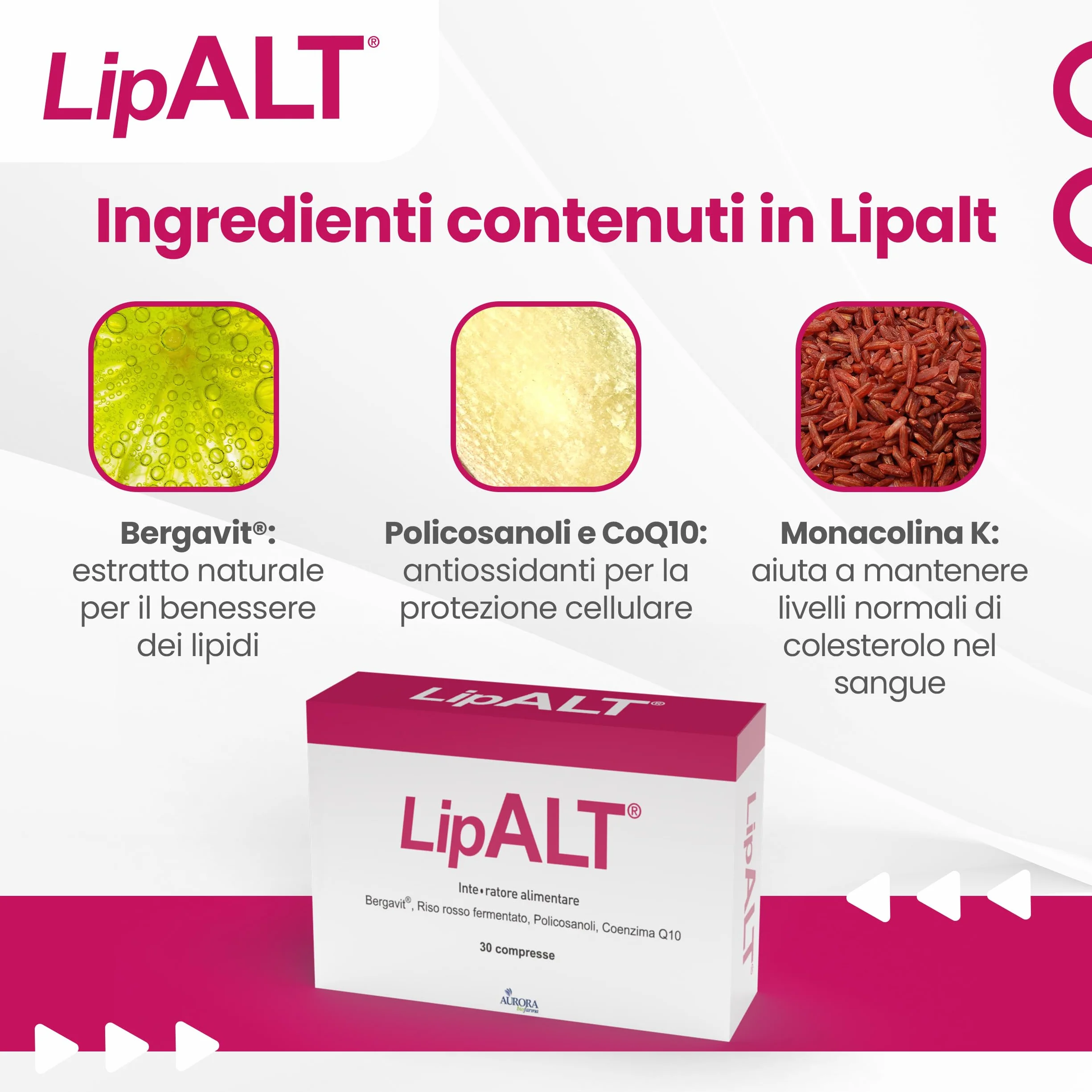 Aurora Biofarma Lipalt Integratore Colesterolo Alto e Trigliceridi Riso Rosso Fermentato Coenzima Q10 Monacolina K Bergavit Policosanoli 30 Compresse Senza Glutine