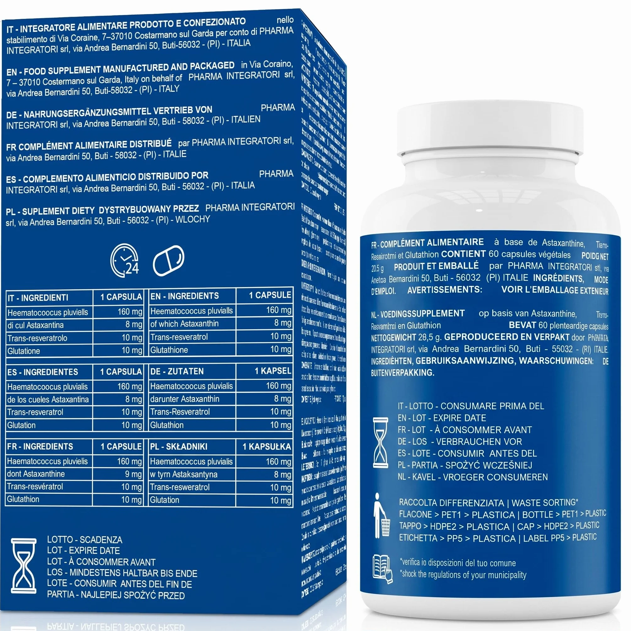 Astaxantina 8 mg Integratore con Resveratrolo e Glutatione Capsule 60