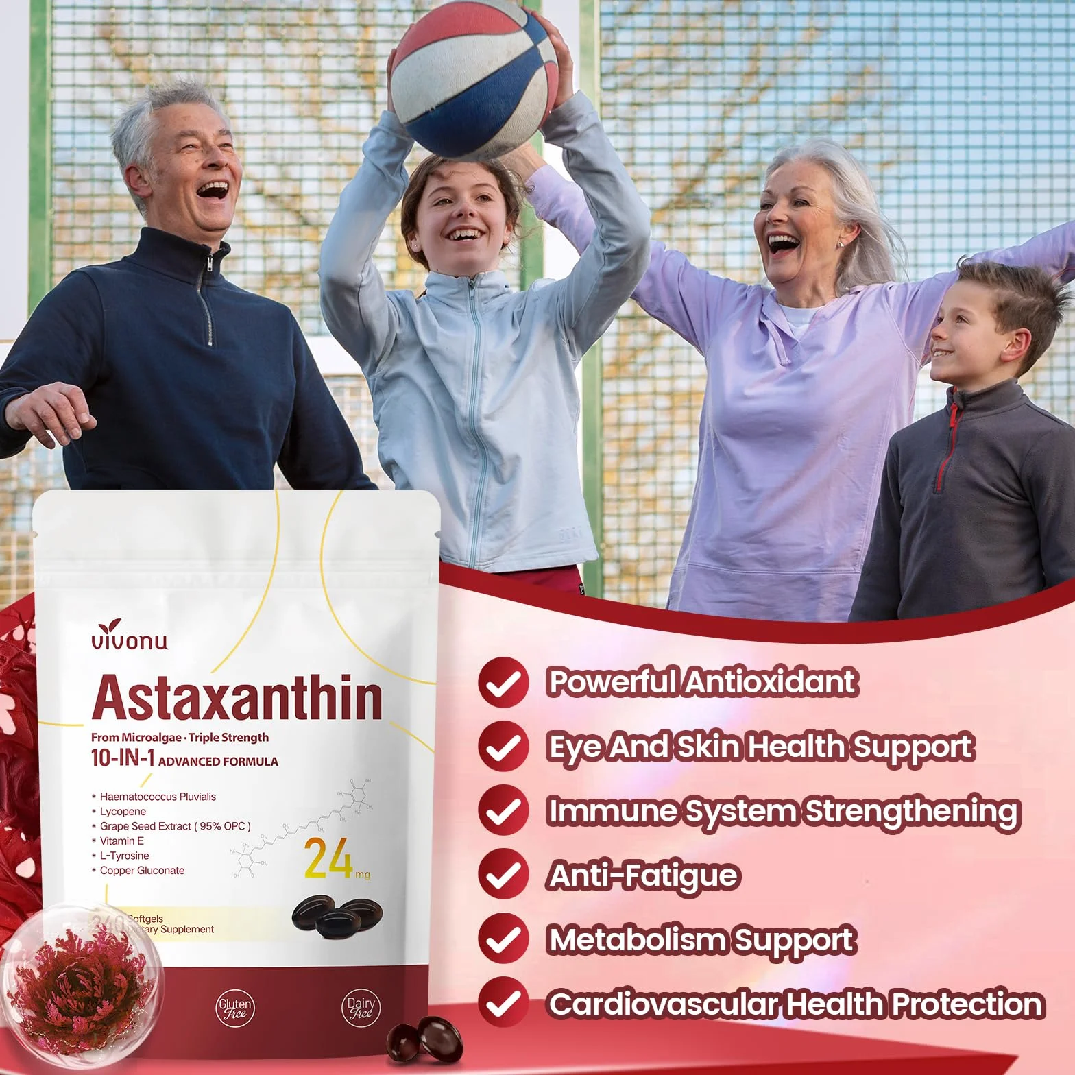 VivoNu Astaxantina 24 mg 240 Capsule Integratore Antiossidante Antiossidante Senza Additivi