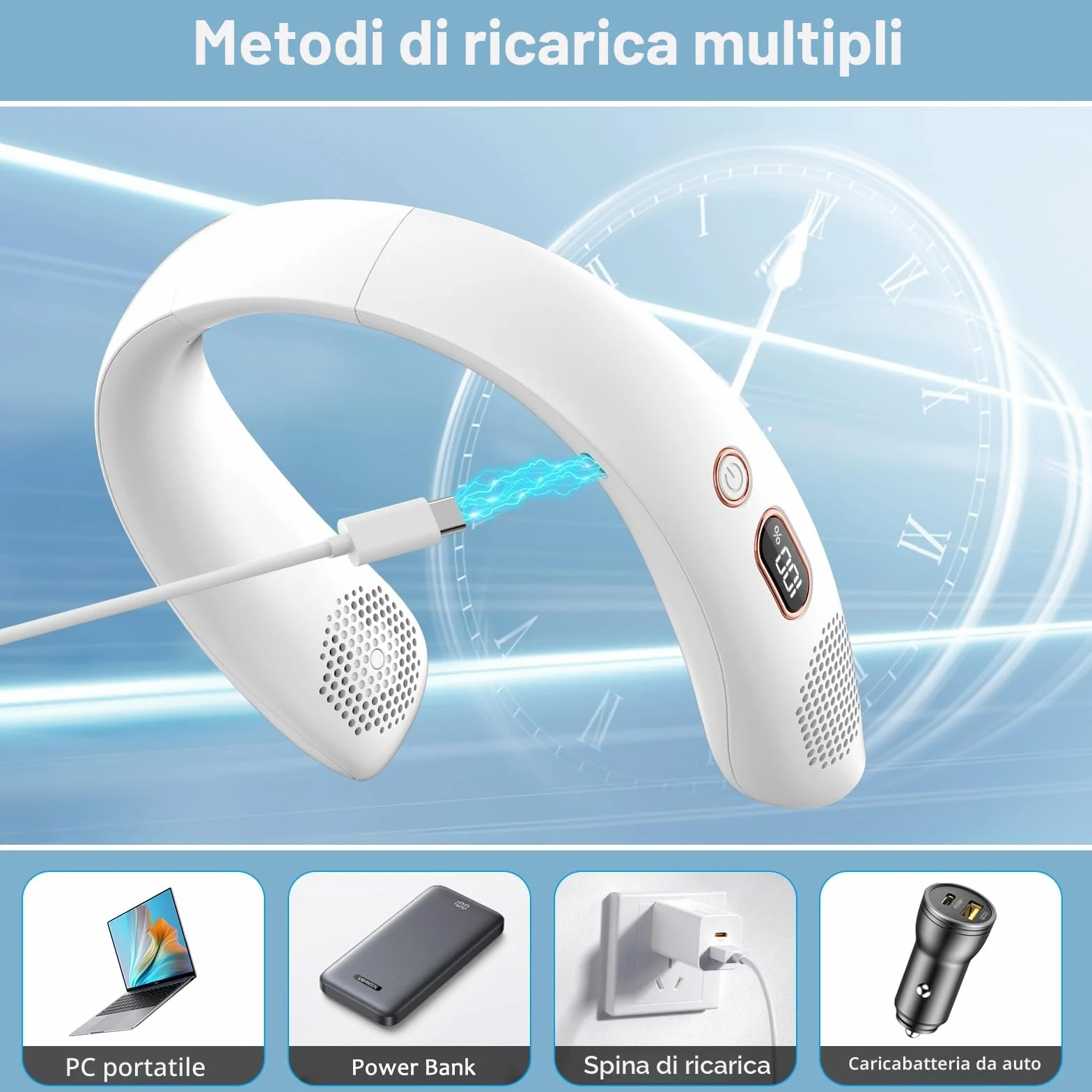 Ventilatore da collo, Silenzioso Ventilatore Portable, Mini Ventilatore USB Senza Lama con Luci a LCD Display, 3 Velocità Ricaricabile Potente per Ufficio Cucina Viaggi Sport (Bianco)