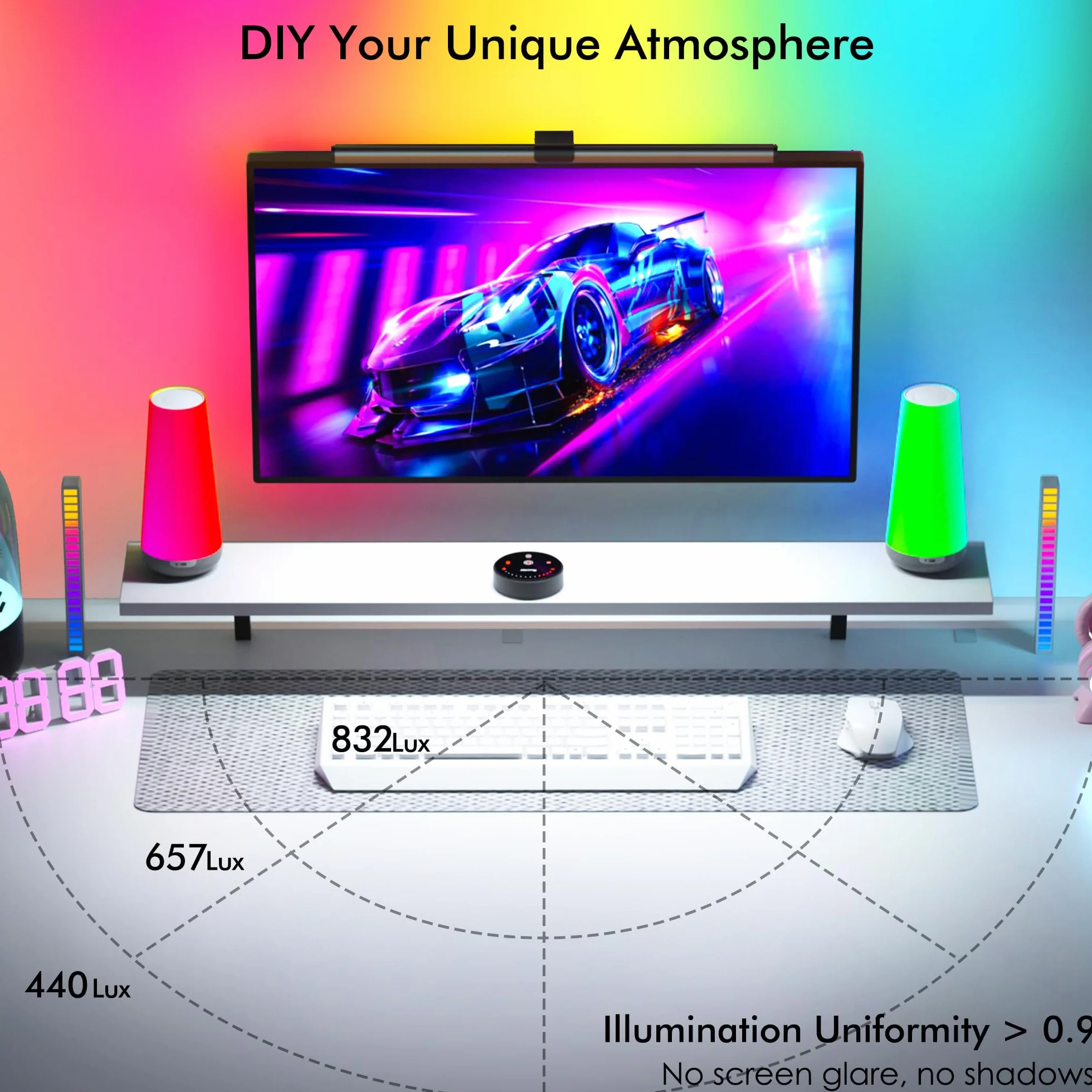 Quntis 51CM Lampade Monitor con Retroilluminazione RGB e Telecomando, 88+56 LEDs Luce Monitor, Barra Luminosa, Light Bar per PC, Accessori Gaming, Regalo Compleanno Uomo