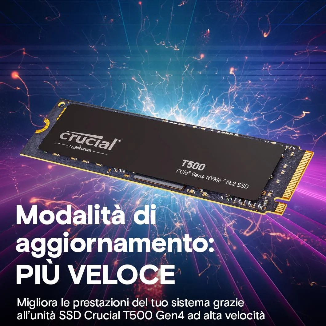 Crucial T500 SSD 1TB PCIe Gen4 NVMe M.2, Fino a 7300 MB/s, TLC NAND, Compatibile con Notebook e PC Desktop, Microsoft DirectStorage - CT1000T500SSD8