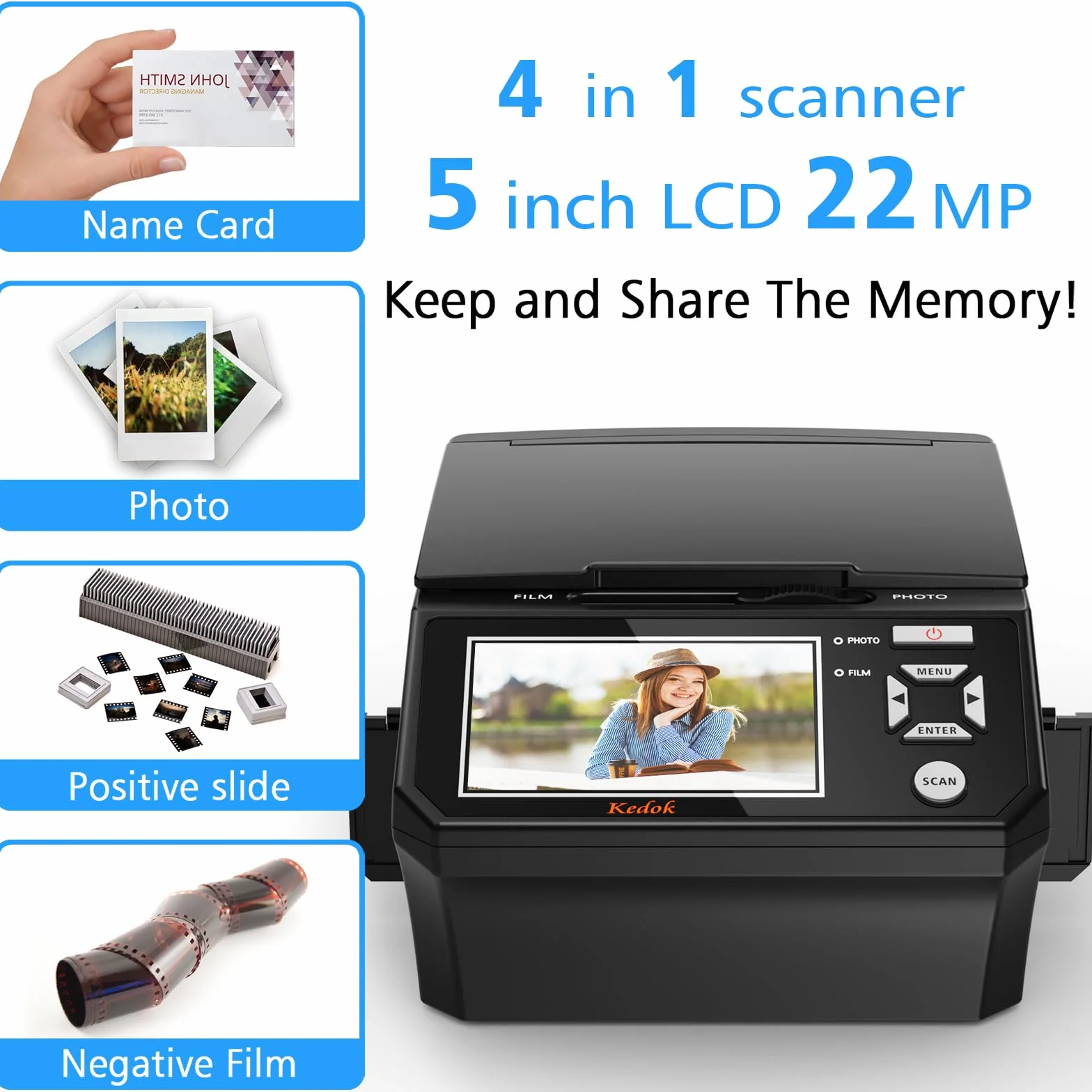 Multiscanner per Diapositive e Negativi con Schermo LCD da 5", Scanner per Foto Digitale per Convertire 35 mm, 110 Film e Biglietto da Visita in 22 MP Digital JPEG