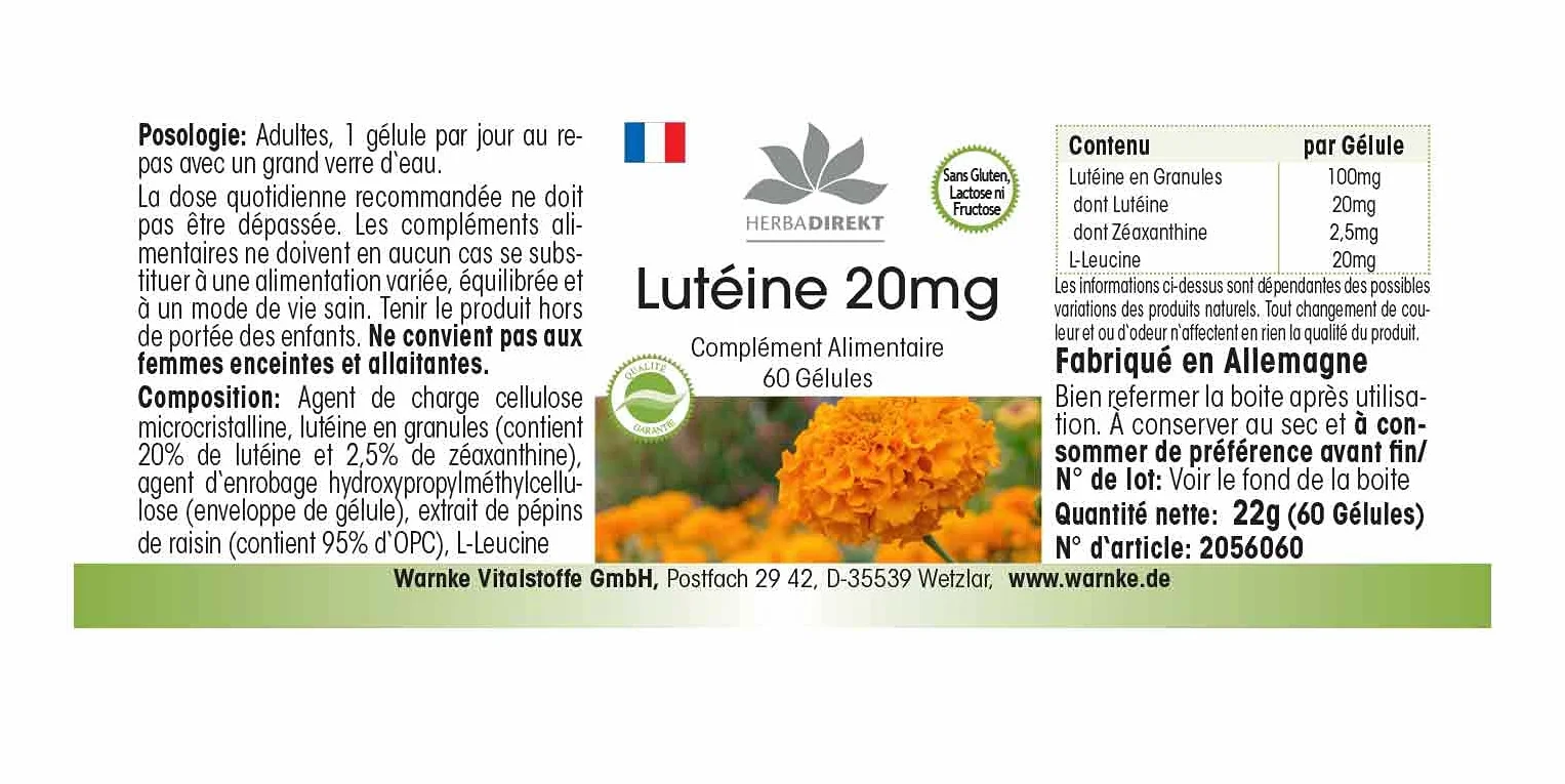 Luteina 20mg Microincapsulata 60 Capsule Vegan HERBADIREKT Warnke Vitalstoffe
