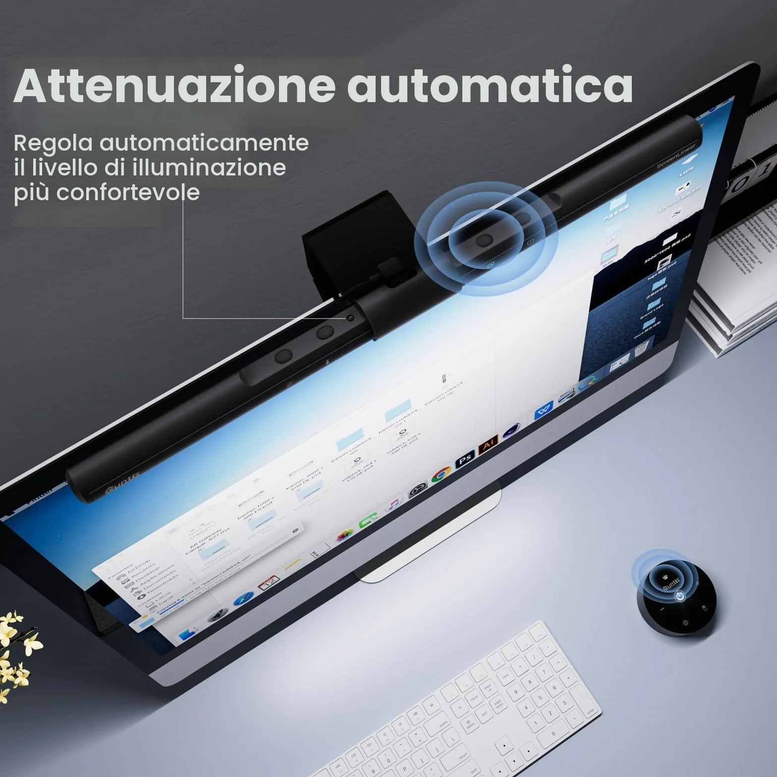 Quntis Lampada Monitor con Telecomando e Touch 40cm, Luce Monitor Curvo con Dimmer Automatico e Timer, Lampada Led PC di Protezione Gli Occhi per la Lettura Lavoro
