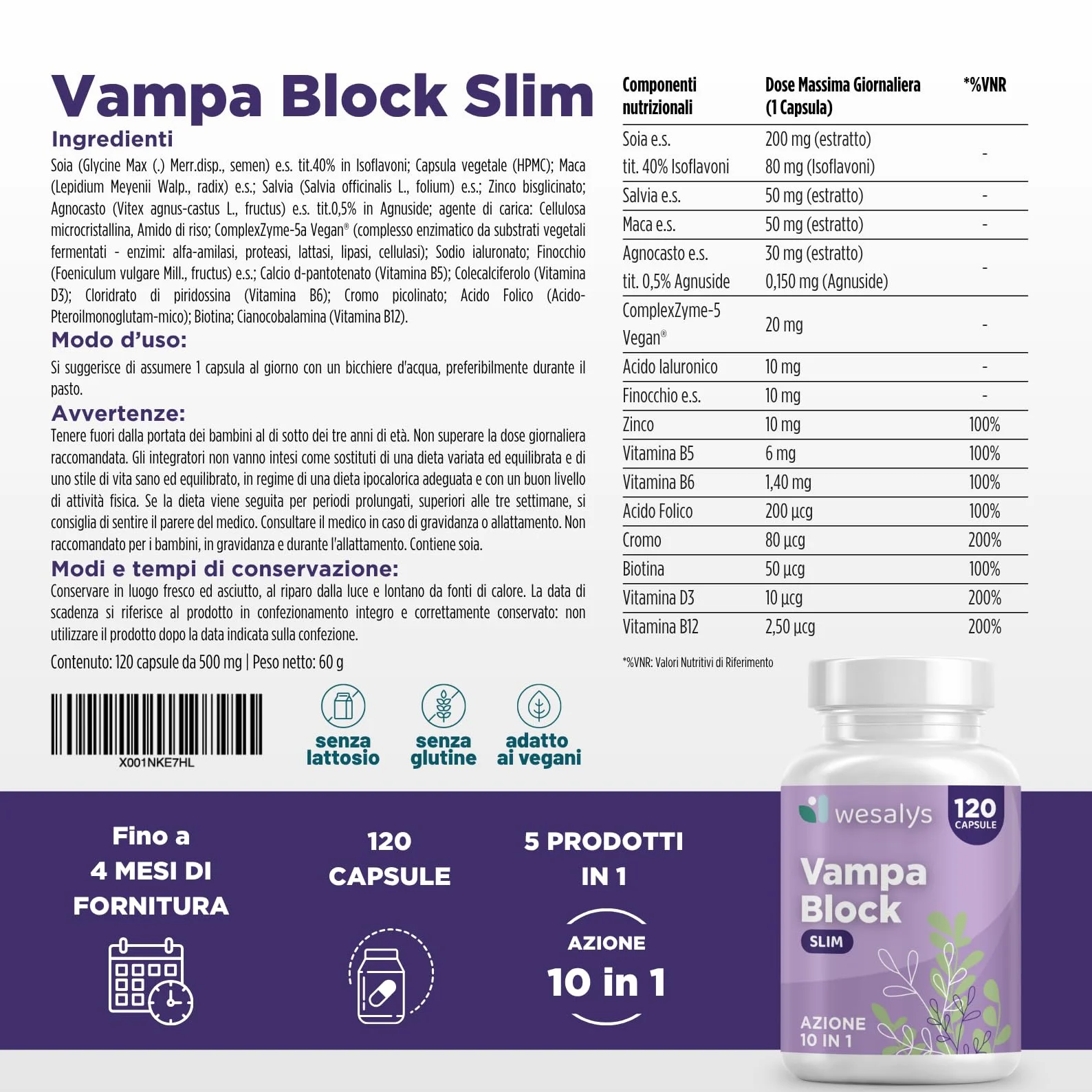 VAMPA BLOCK SLIM Menopausa Integratori Vampate 120 Capsule 10 in 1 Isoflavoni di Soia Agnocasto
