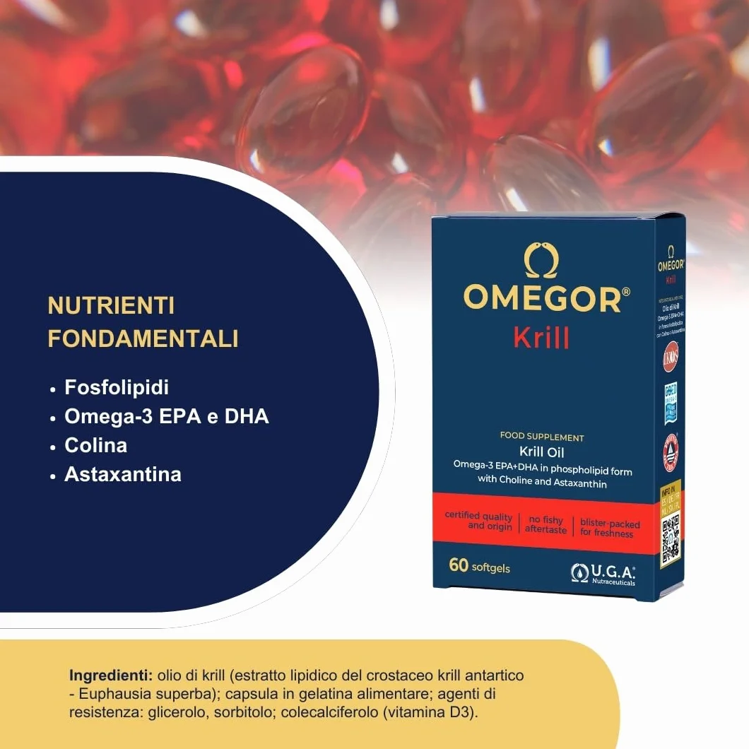 OMEGOR® Puro Olio di Krill Antartico 660mg Fosfolipidi 82.6mg Colina 100mcg Astaxantina 250mg EPA DHA 60 Perle