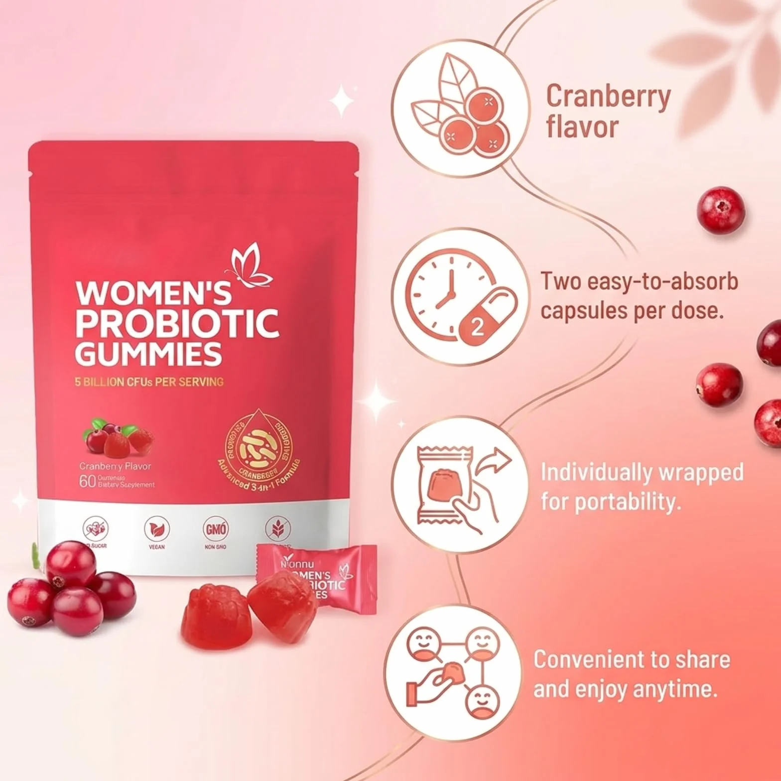 Gommose Probiotiche per Donne, Probiotici Donna, Women Probiotic Gummies, Bilanciamento pH, Lievito, Salute Immunitaria