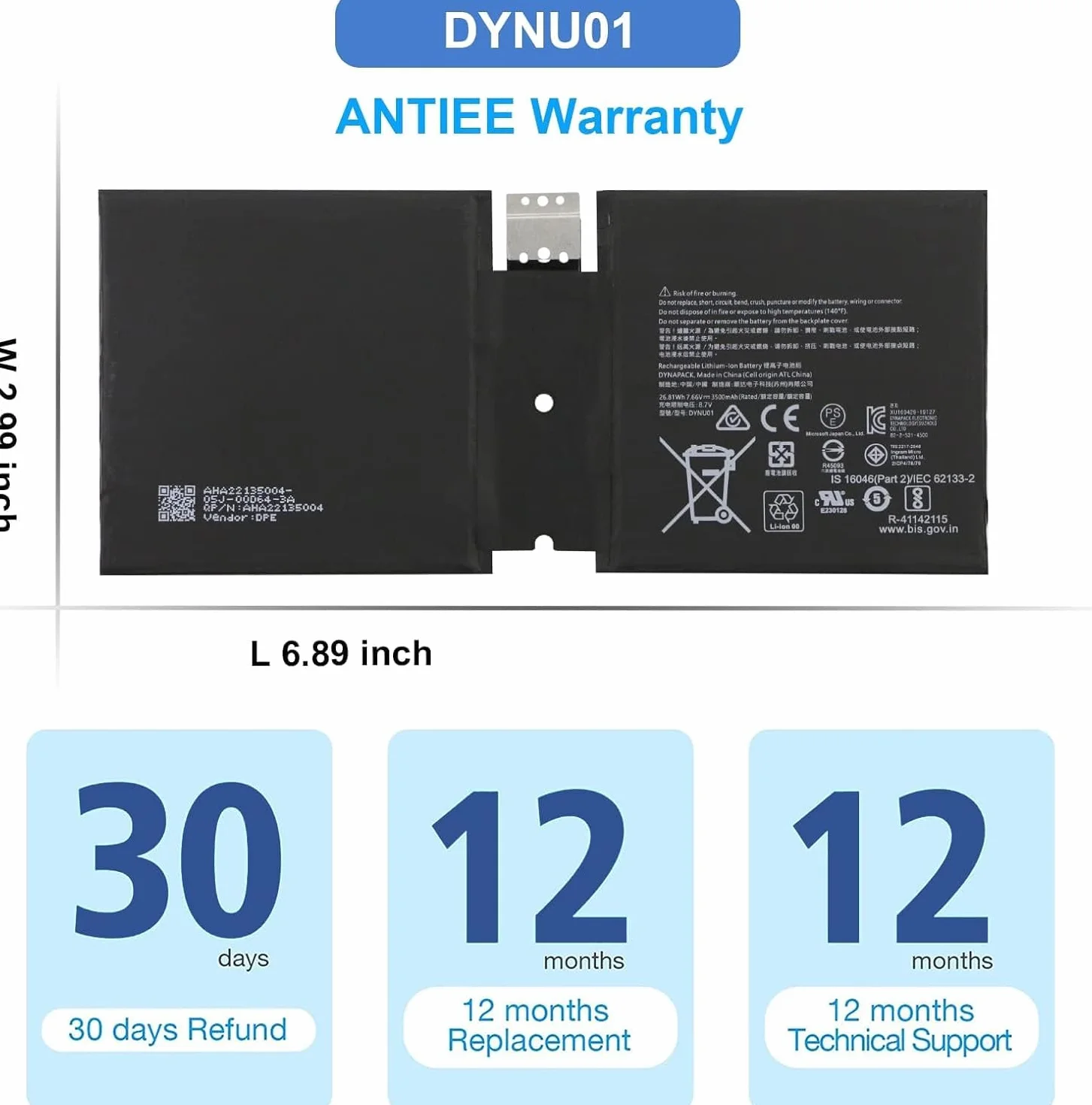 ANTIEE DYNU01 G16TA047H Laptop atteria Compatibile con Microsoft Surface Go 2 2020 10.5 10.5" 2-in-1 Tablet PC Model 1927/1901/1926 i5 i7 Touch-Screen WiFi LTE 7.66V