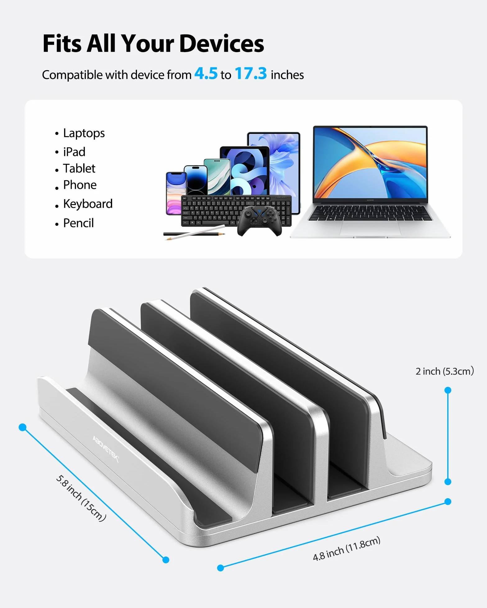 AboveTEK Supporto Laptop Verticale fino a 17,3 ", Porta per Laptop/Tablet/Cellulare 3 in 1 in Alluminio, Impugnature in Silicone Antiscivolo a 3 Slot per MacBook/Notebook/iPad/Telefono (Argento)