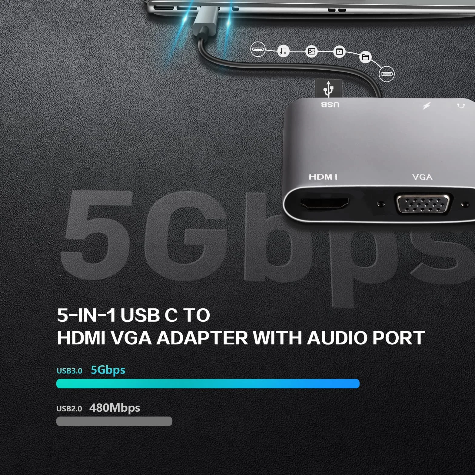 VCOM Adattatore da USB C a HDMI VAG, hub USB C 5 in 1 con HDMI 4K, 100 W PD, porta USB 3.0, VGA, adattatore OTG, docking station per MacBook Air, iPad Pro, laptop, Dell XPS, Samsung Galaxy