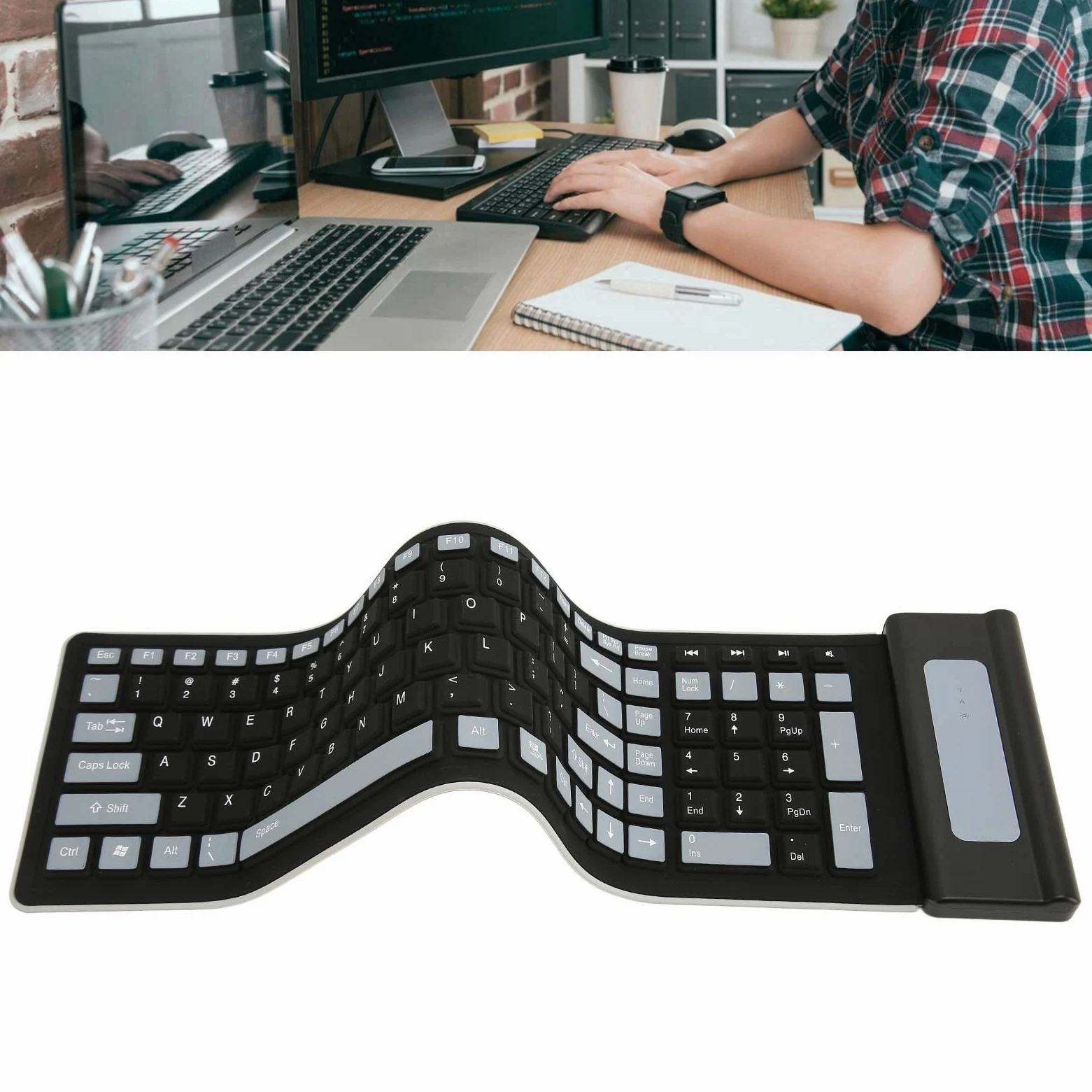 Tastiera in Silicone Pieghevole Wireless 2.4G, 103 Tasti Tastiera Silenziosa in Silicone Morbido USB Impermeabile, Tastiera Arrotolabile Flessibile Portatile per Laptop, PC (Nero)