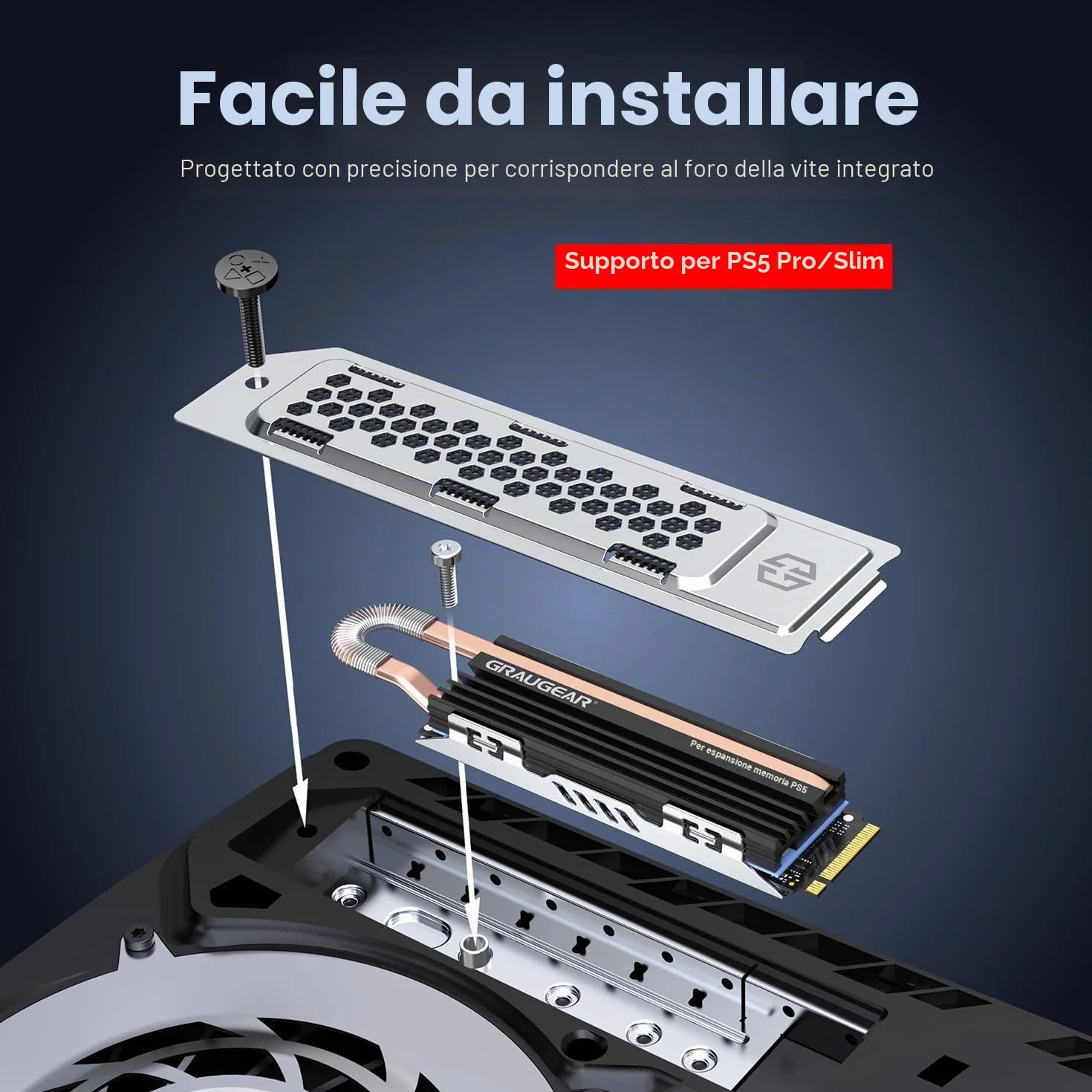 GRAUGEAR HeatPipe - Dissipatore di calore per M.2 NVMe SSD (2280), PS5 Pro, PS5 Slim, per PlayStation, con copertura antipolvere