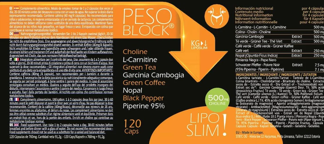 Peso Block Integratore Supporto Dieta con Piperina, Colina, Carnitina, Nopal e Garcinia 120 Capsule