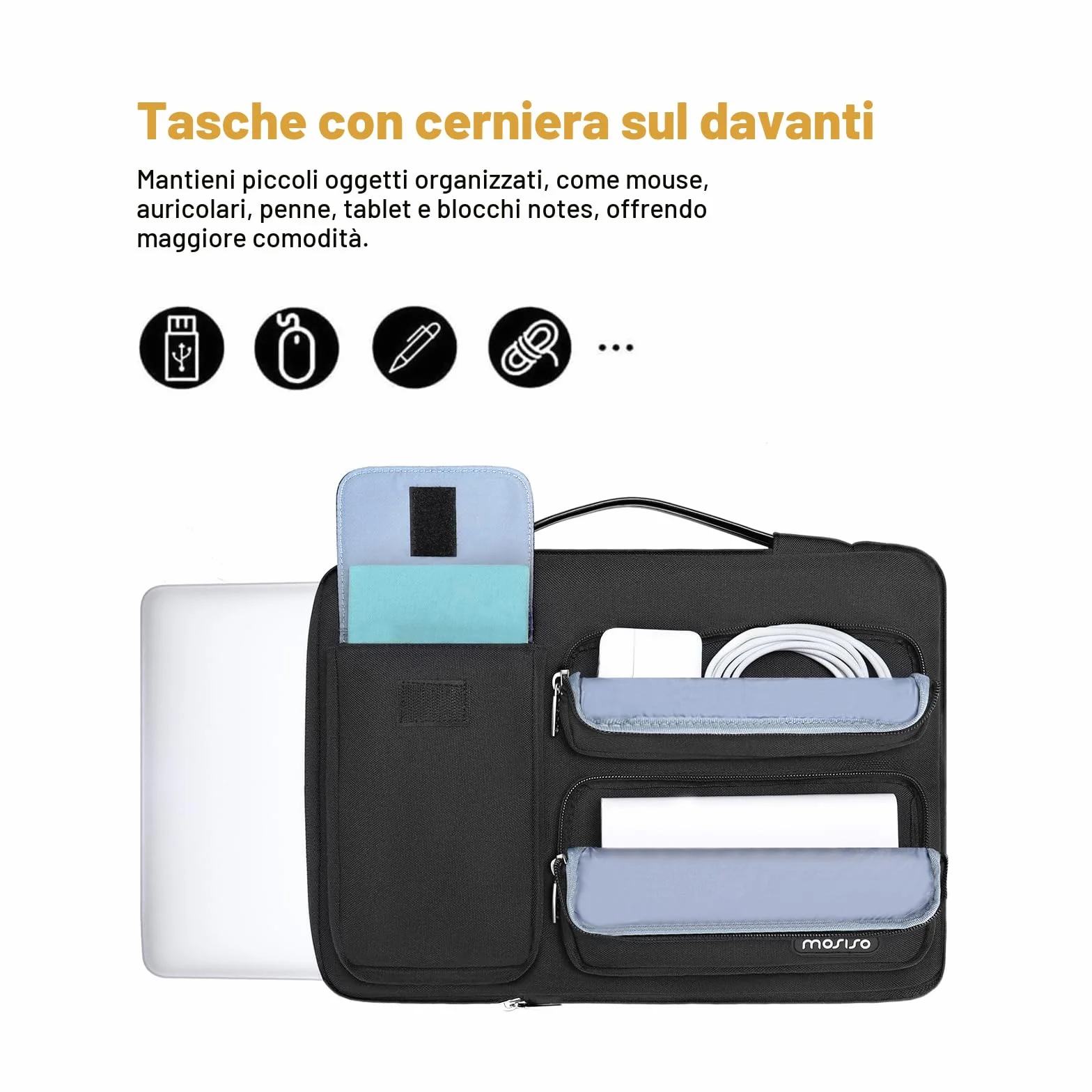 MOSISO 13.3 pollici Custodia Laptop Porta, 13-13.3 pollici Borsa PC Compatibile con MacBook Air/Pro 13 / Pro 14, HP Dell ASUS Lenovo, Lato Aperto Borse con 2 Alzato & 1 Tasche Patta, Nero