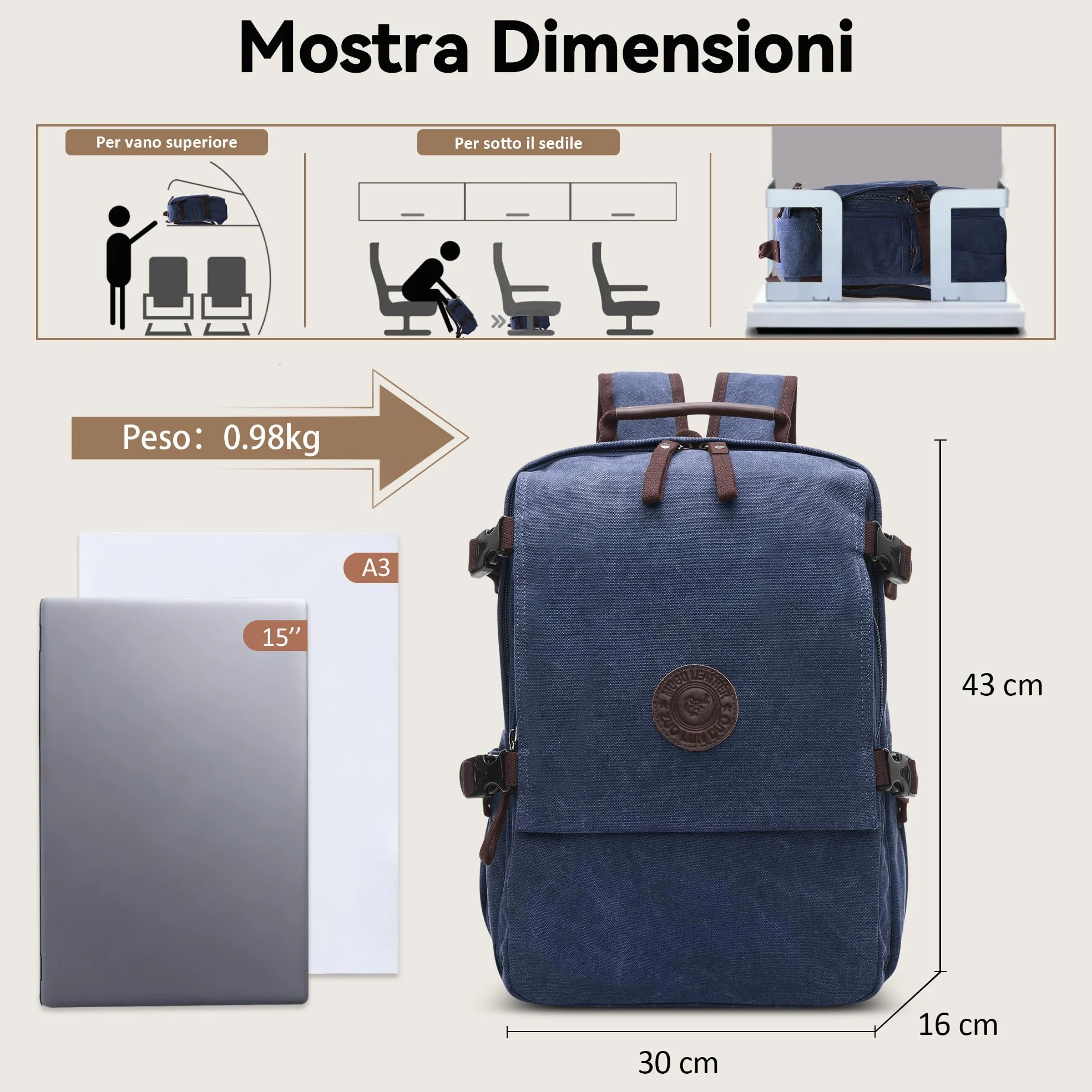 Zaino per Laptop Uomo Tela Zaino Viaggio Adatto per Laptop da 15.6 pollici Outdoor College Campeggio Lavoro Casual Alpinismo Grande Capacità Durevole Blu