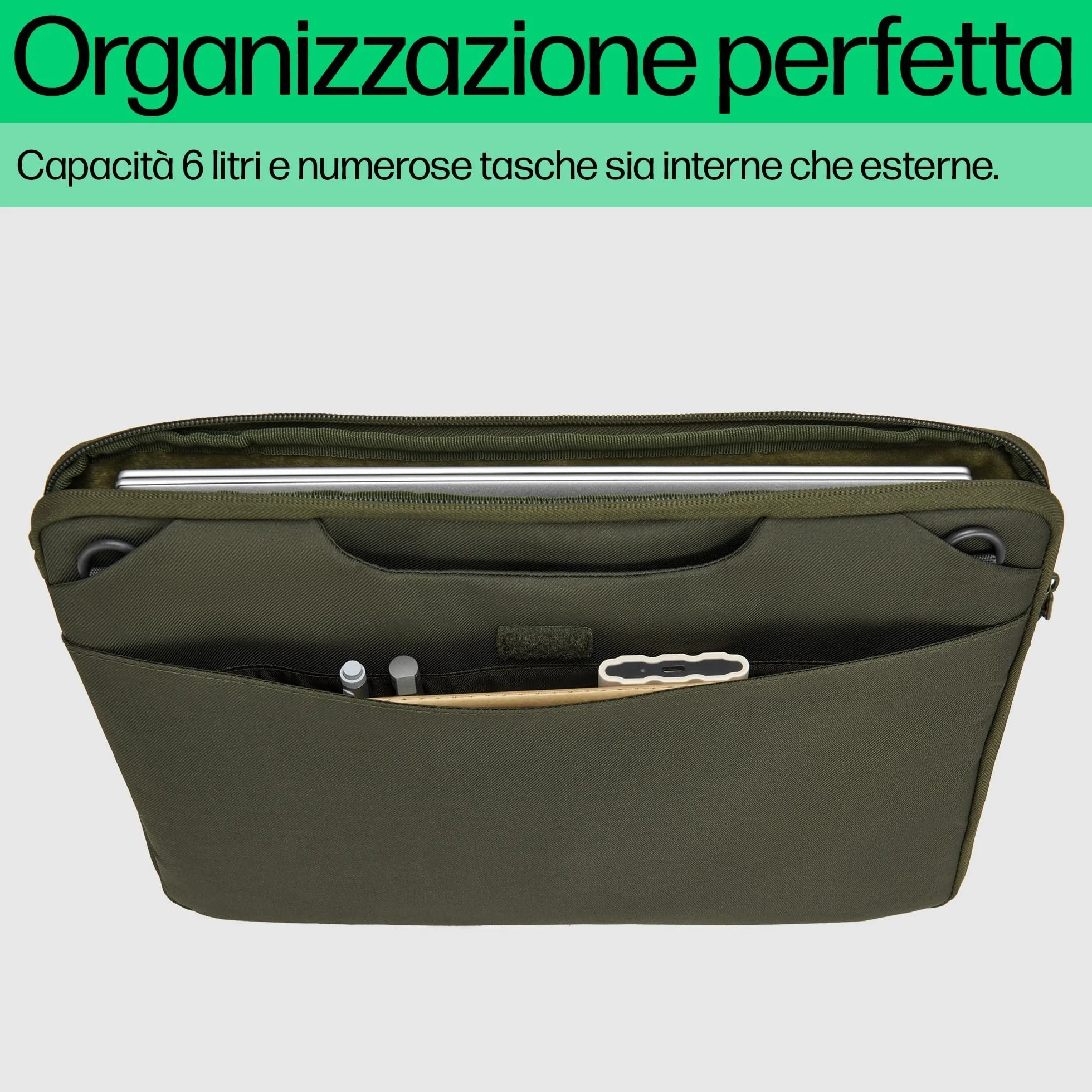 HP Custodia Modulare per Notebook fino a 15.6", 3 Modalità d'Uso, Tasche Interne e Esterne, Resistente all'Acqua, Tracolla Removibile, Design Sottile, Creata con Materiale Riciclato,Grigia/Verde