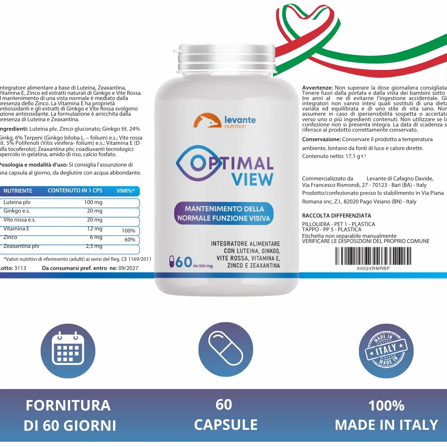 Luteina e Zeaxantina Alto Dosaggio Integratore Occhi Vista con Ginkgo Zinco Vite Rossa Vitamina E 60 Capsule