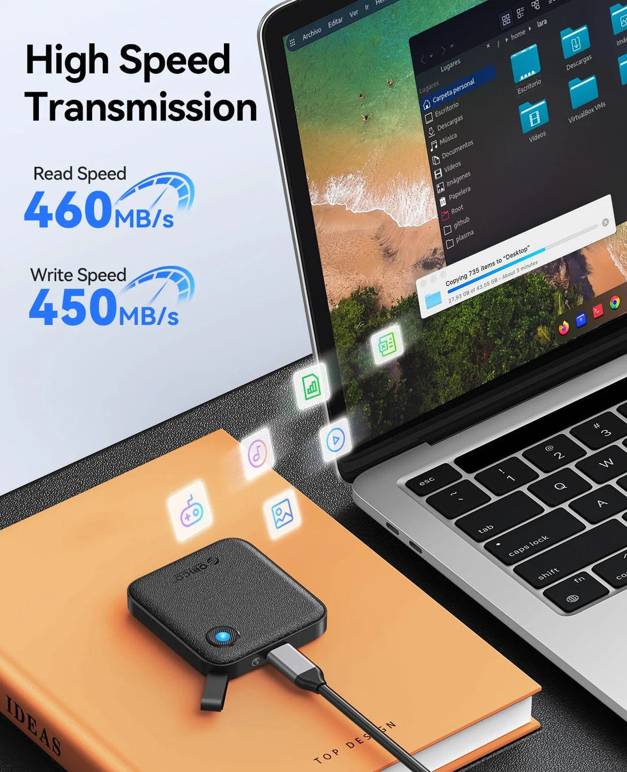 ORICO SSD Esterno 480 GB con Cavo USB-C 2 in 1, Unità a Stato Solido Esterna Portatile, Fino a 460 MB/s, Indicatore di Stato, per Smartphone, Tablet e PC con Interfaccia USB-C - B5PLUS