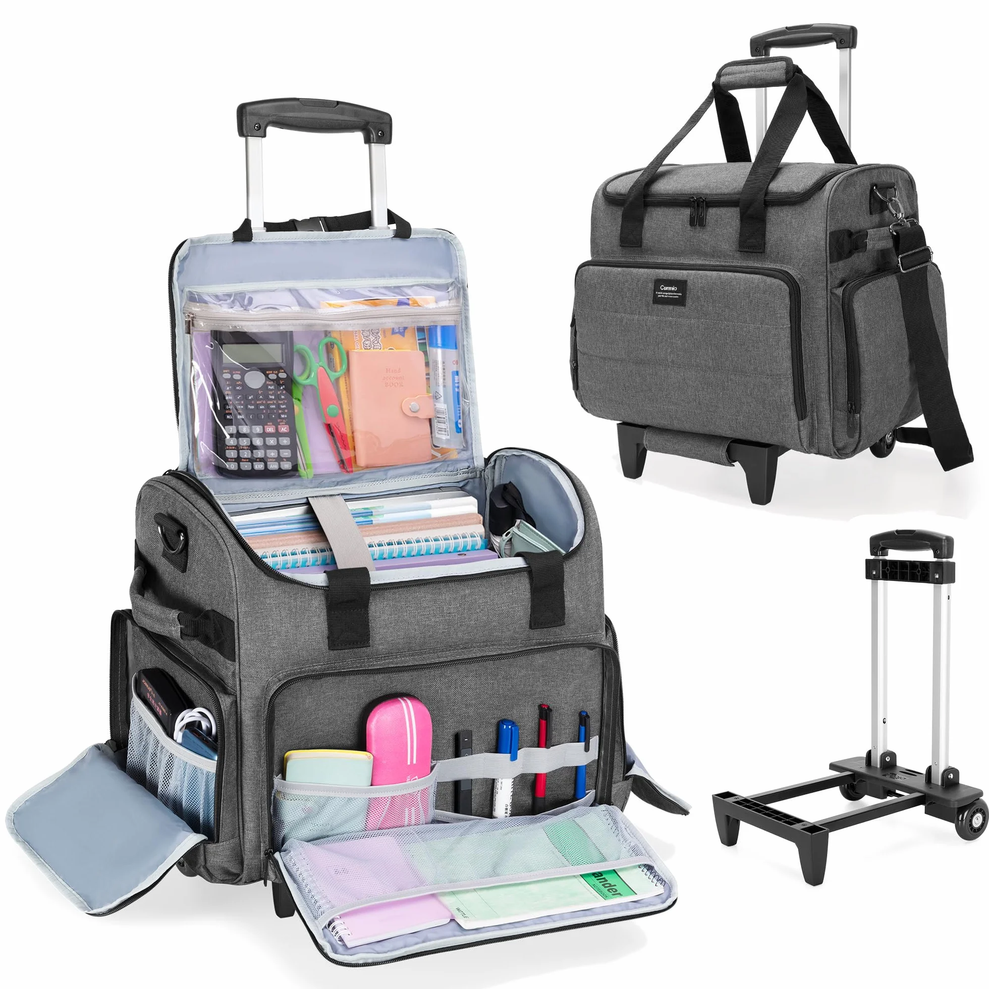 CURMIO Borsa da Insegnanti con Rotelle, Scomparto Organizzatore File Espandibile, Grigio