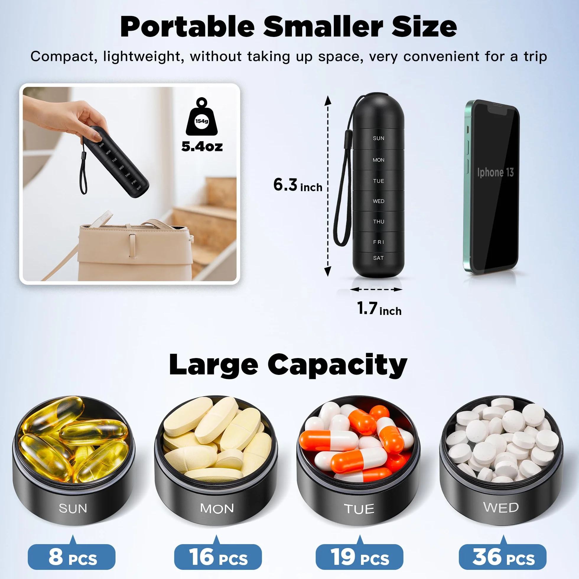 Portapillole da viaggio in metallo impermeabile settimanale grande senza BPA 7 giorni vitamine pillole integratore