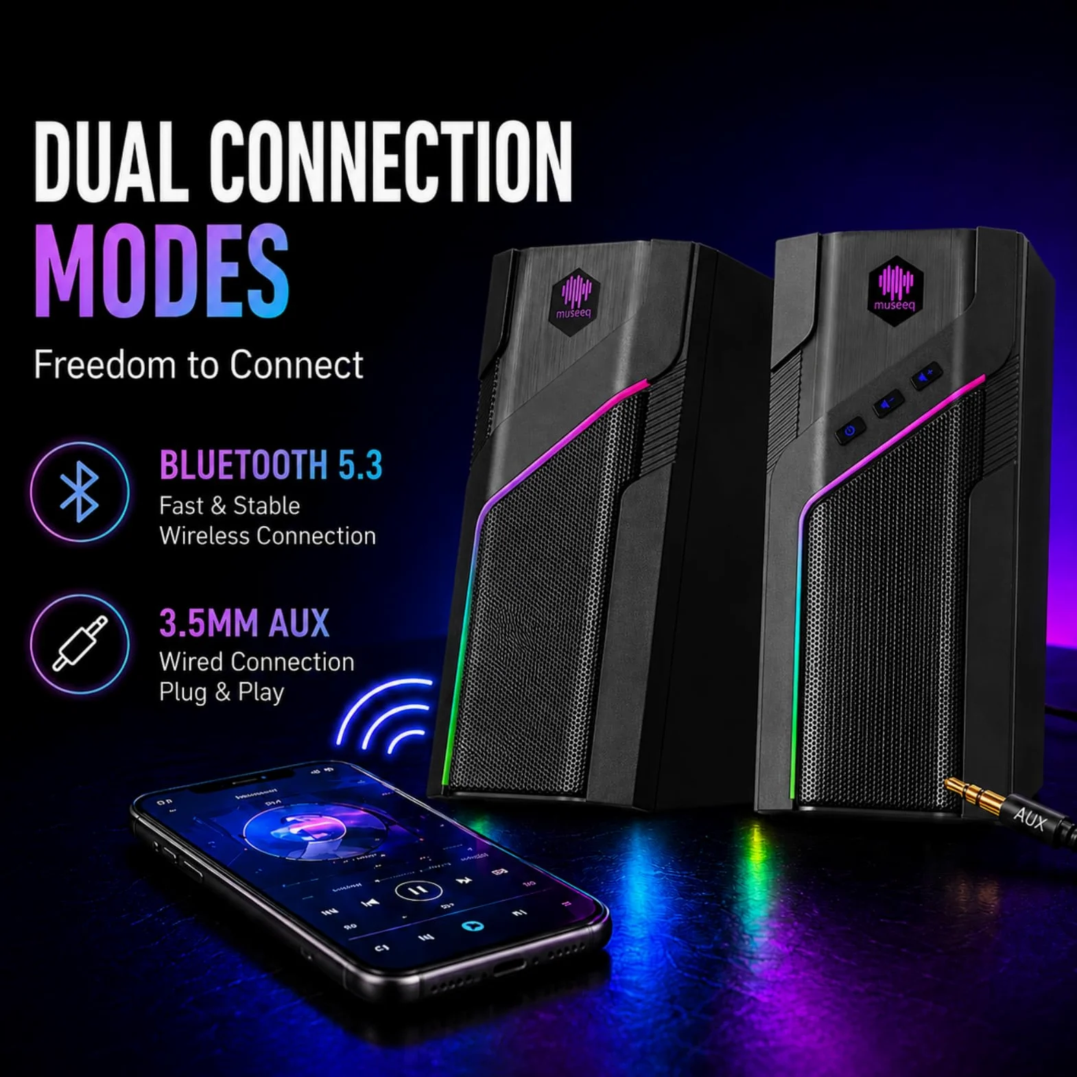 W-206RE Altoparlanti per PC desktop, luci RGB Bluetooth | 21 modalità RGB, suono stereo chiaro, Bluetooth, alimentazione USB, AUX da 3,5 mm e controllo touch per monitor