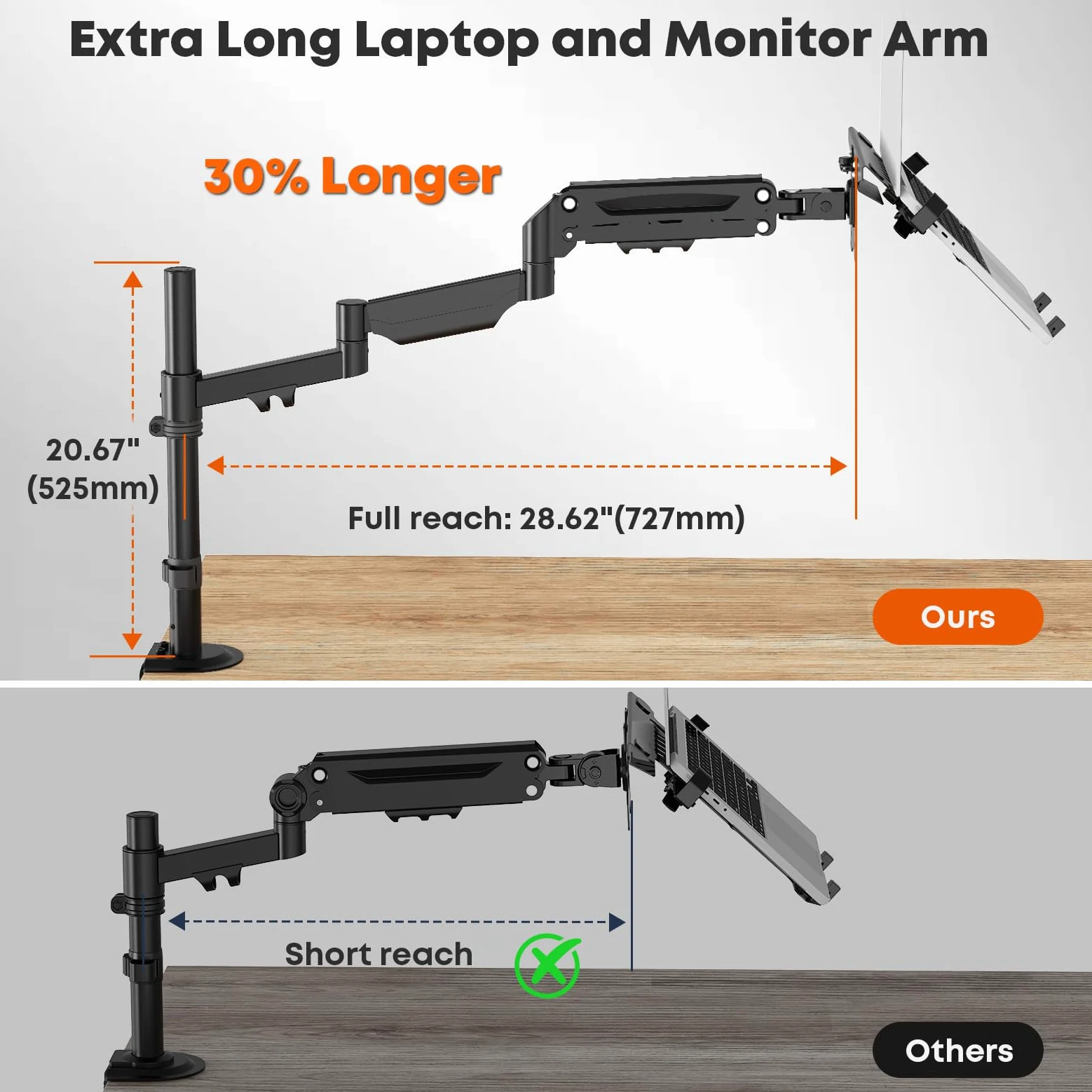 PUTORSEN Supporto a braccio per laptop fino a 18" e monitor da 17-32" | Portata massima 9 kg, supporto per monitor extra lungo con ripiano per laptop, sezione centrale rimovibile, VESA 75/100 mm
