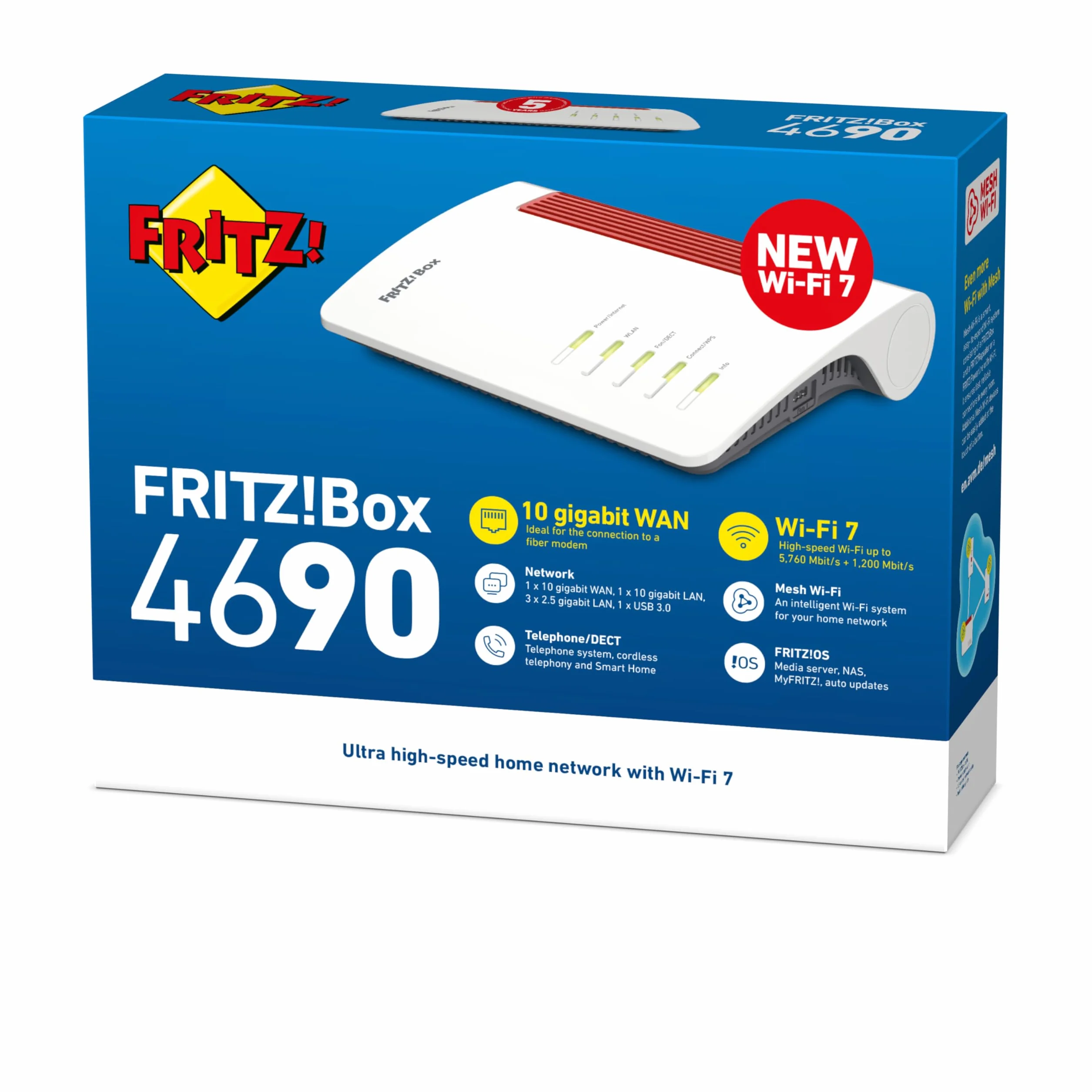 FRITZ!Box 4690 Edition International, Router Wi-Fi 7 Mesh per DSL o Fibra, fino a 6960 Mbit/s di velocità, 1x 10-Gigabit WAN/LAN, 3x 2.5-Gigabit LAN, Base DECT e Zigbee, Wi-Fi MESH e manuale italiano