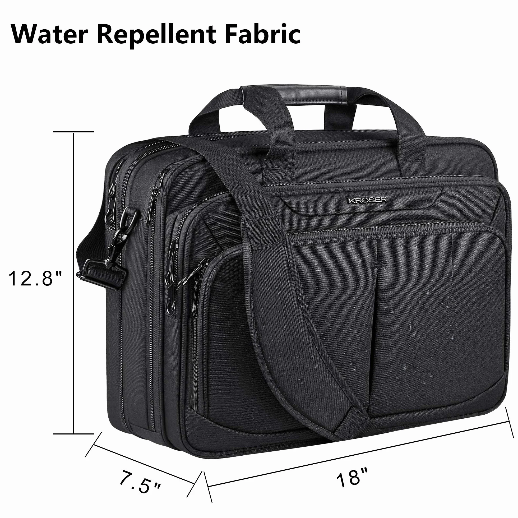 KROSER Borsa del Portatile Cartella Leggera Espandibile Aggiornata da 18" per Laptop 17.3" Borsa da Lavoro Premium Borsa Messenger Idrorepellente con Tasche RFID per Scuola/Viaggio/Donna/Uomo-Nero
