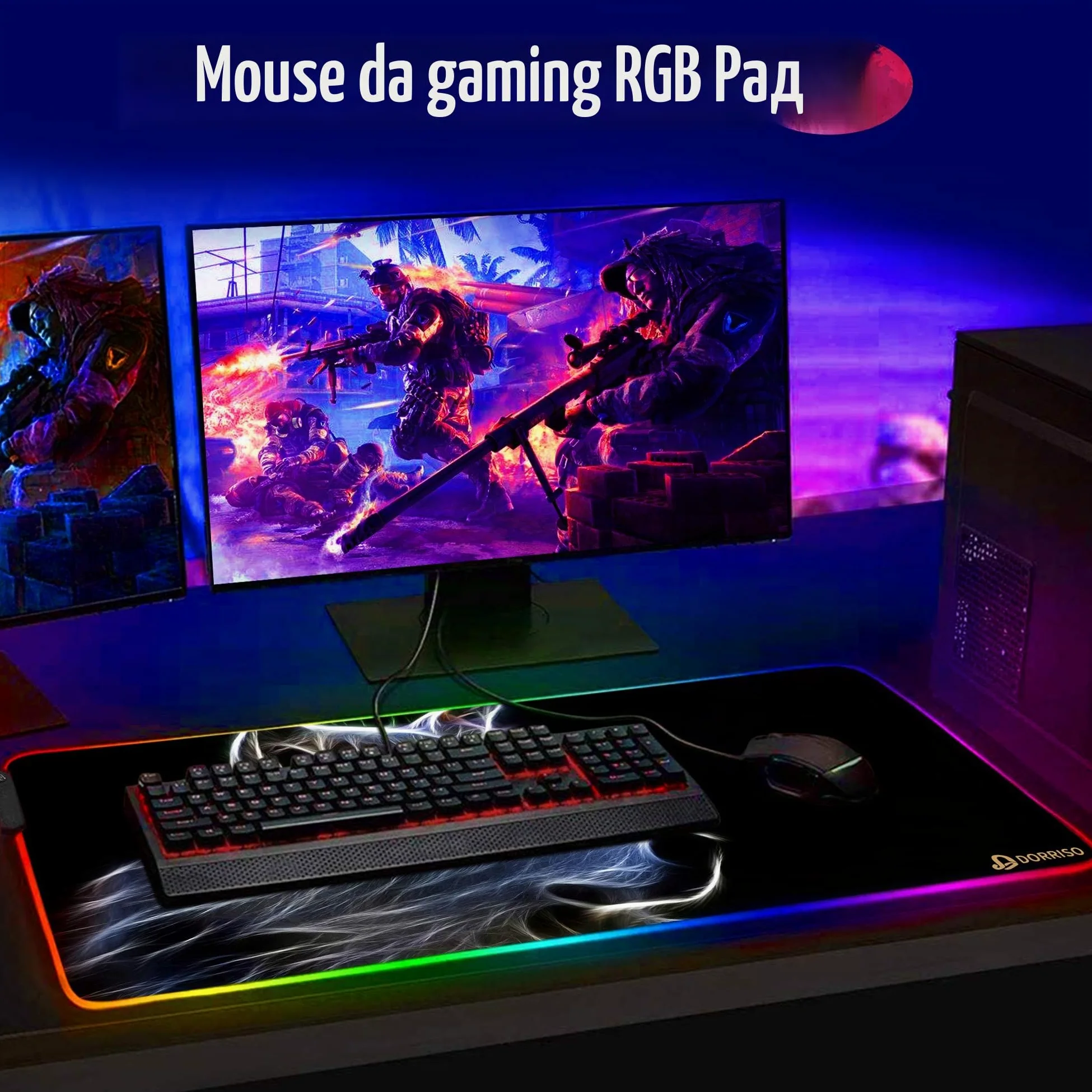 RGB Tappetino per Mouse Gaming XXL 900 x 400 mm Grande Mouse Pad 12 LED Effetti Luce Superficie Liscio Antiscivolo Computer PC e Laptop Tappetino per Mouse Lupo