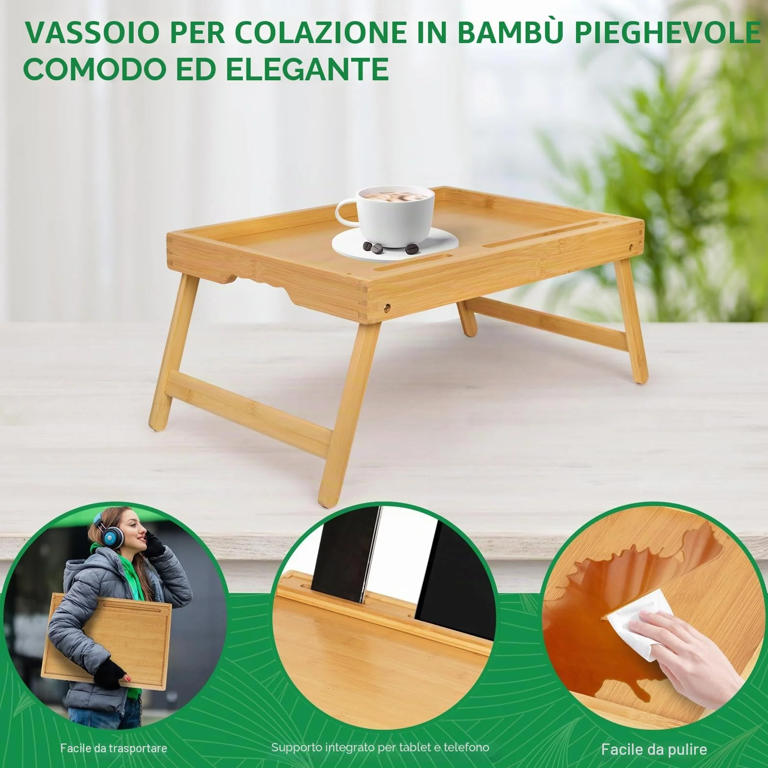 Vassoio da letto con manici, gambe pieghevoli, vassoio da colazione in bambù con supporto per tablet, tavolo da colazione, scrivania per computer portatile, vassoio da cucina
