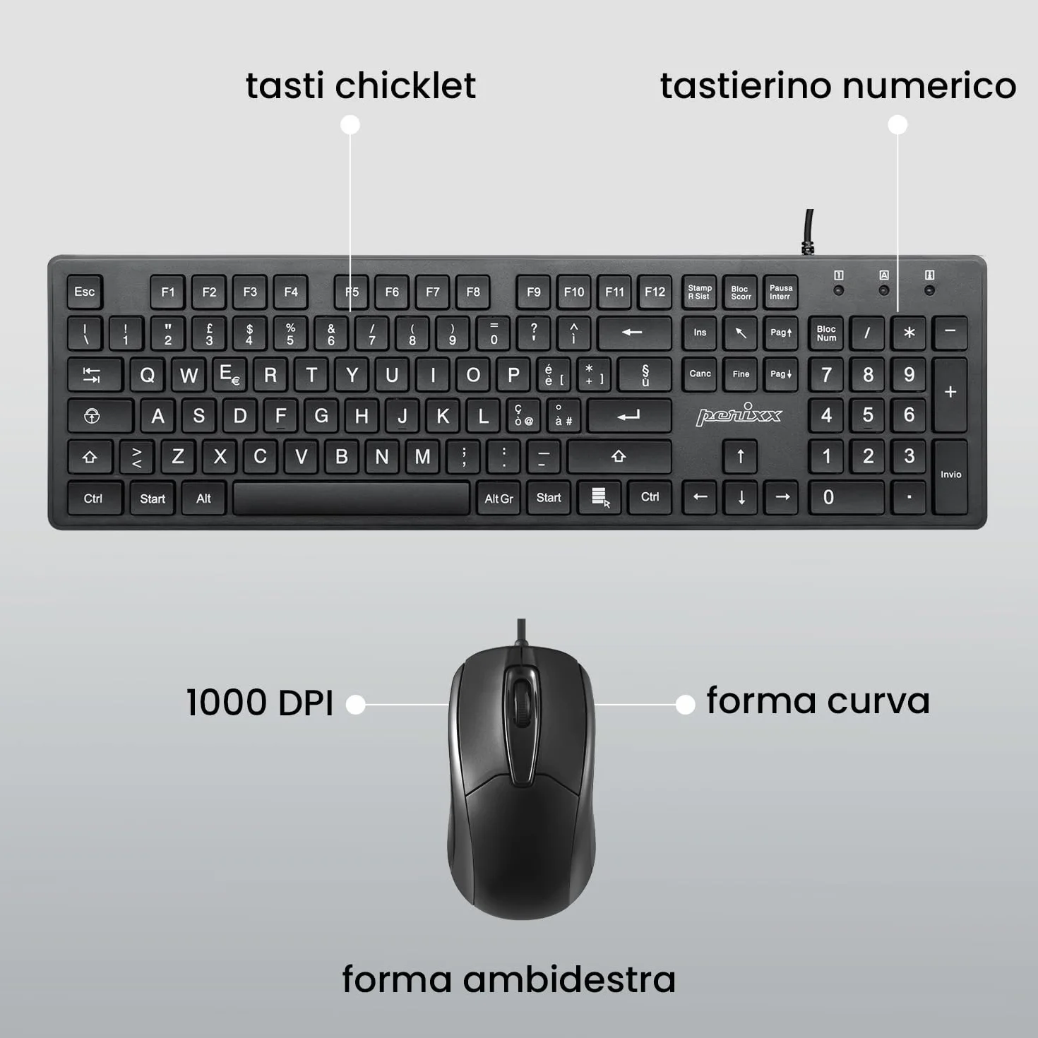Perixx PERIDUO-117P Set Tastiera e Mouse PS/2, Layout QWERTY Italiano, Mouse Ottico a 3 Tasti, Cavo da 1,8 m, Nero