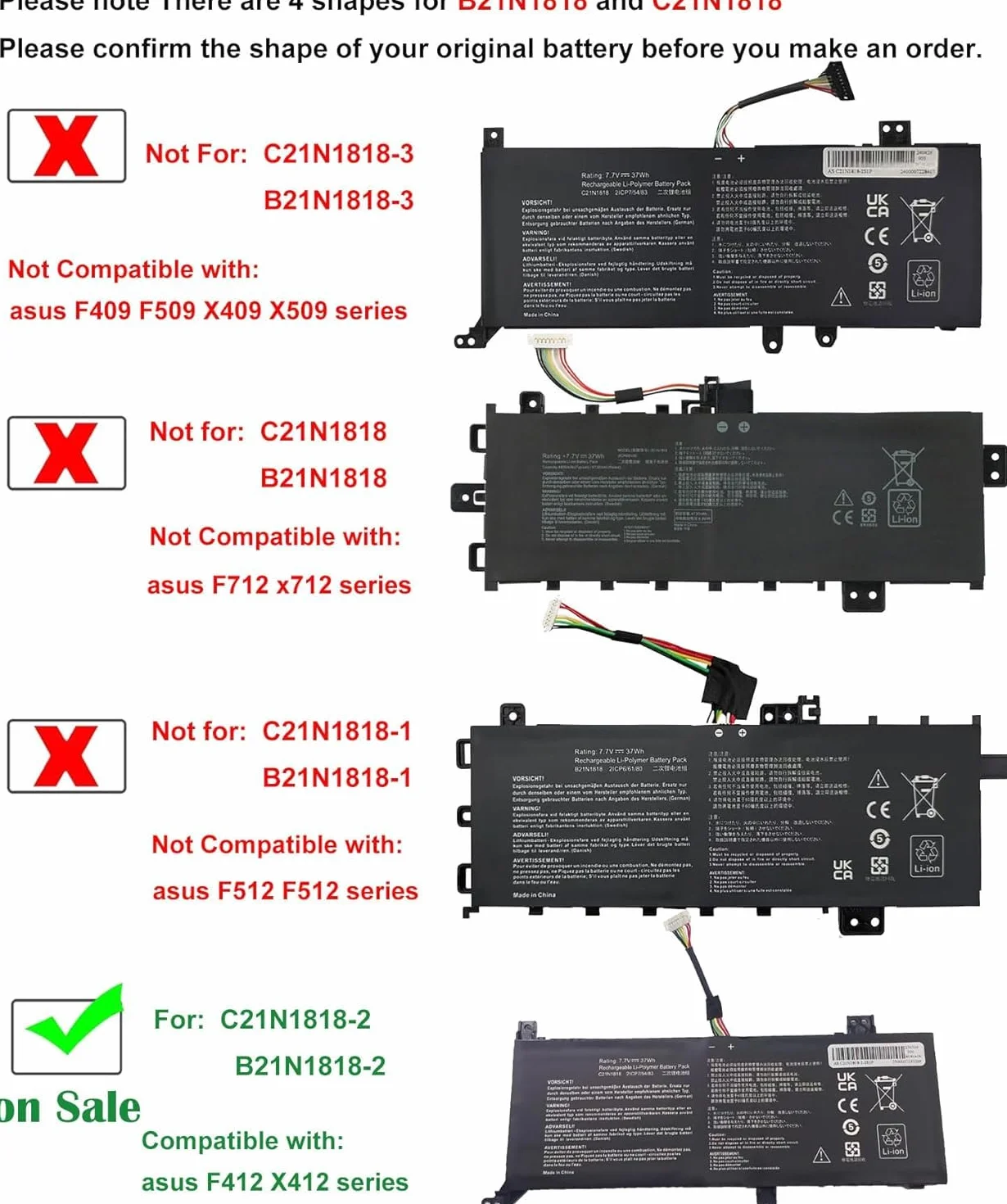 37Wh C21N1818-2 Batteria portatile compatible con asus vivobook 14 X412 X412D X412DA X412DK X412F X412FA X412FJ X412FL X412UA X412U X412UB X412UF X412J X412JA A412 A412D B21N1818-2 serie