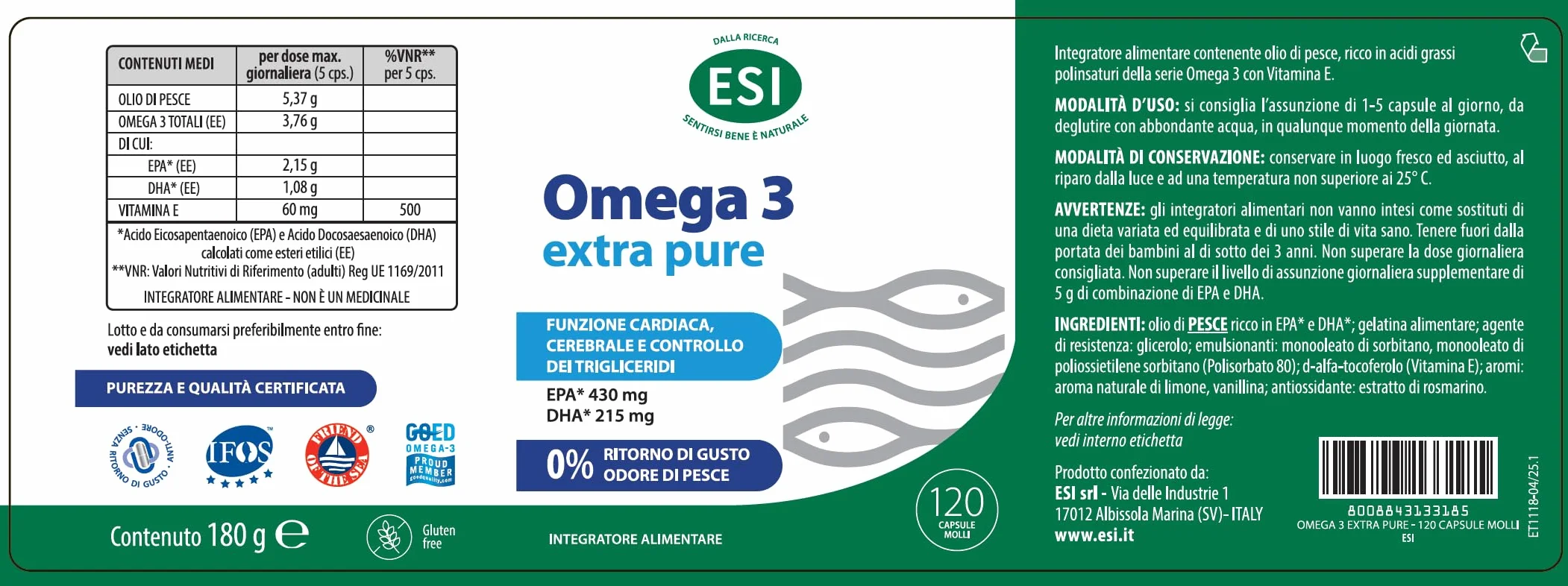 ESI Omega 3 IFOS Extra Pure Integratore Olio di Pesce Concentrato Vitamina E 120 Perle