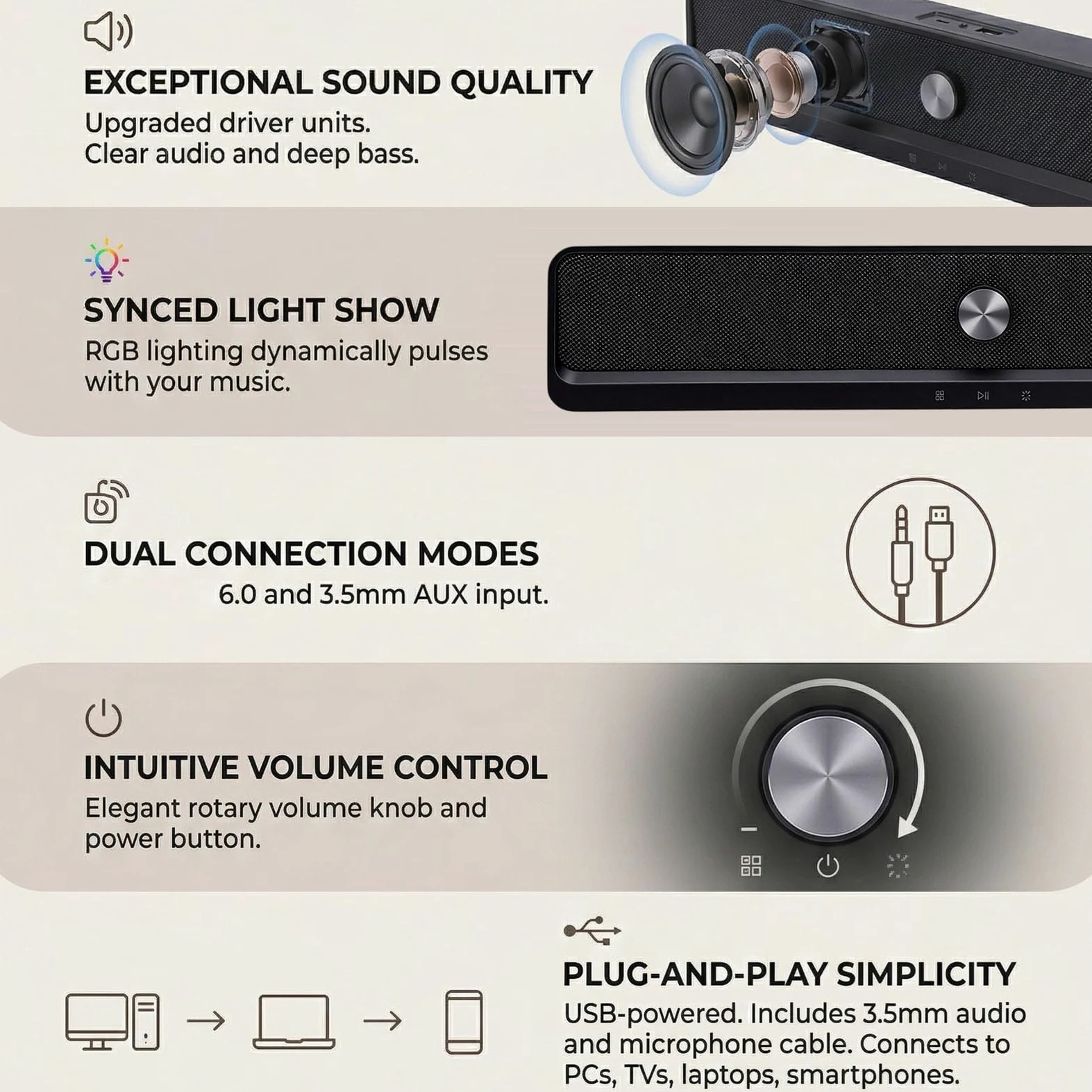Ejoyous Altoparlante per Computer Altoparlante per PC ABS Bluetooth 6.0 con Luce RGB Alimentato Tramite USB 3,5 Mm AUX 2.0 Canale 16 Pollici per Laptop Desktop Gaming Home Office