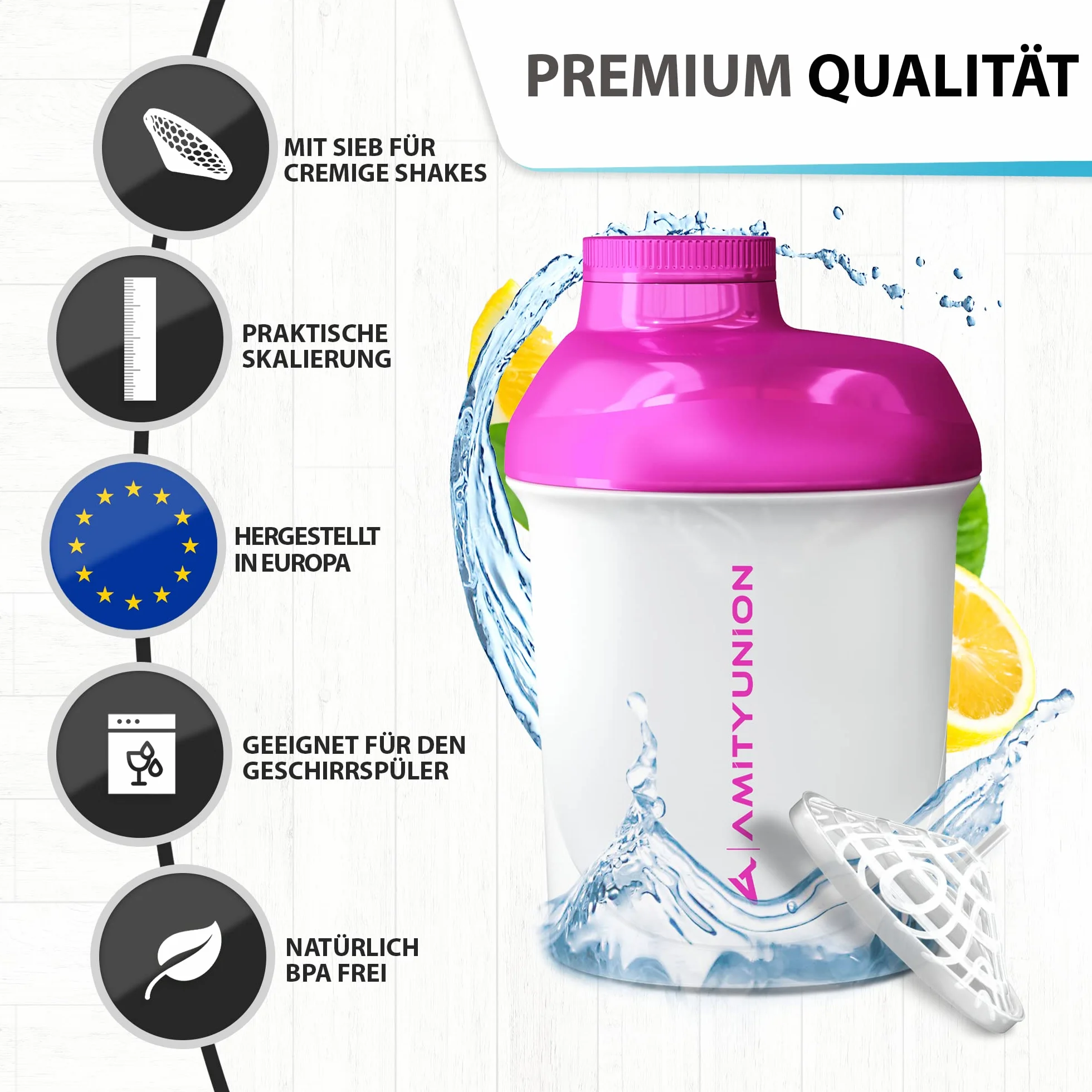 Shaker proteico Deluxe 400 ml a prova di perdite senza BPA rosa e bianco